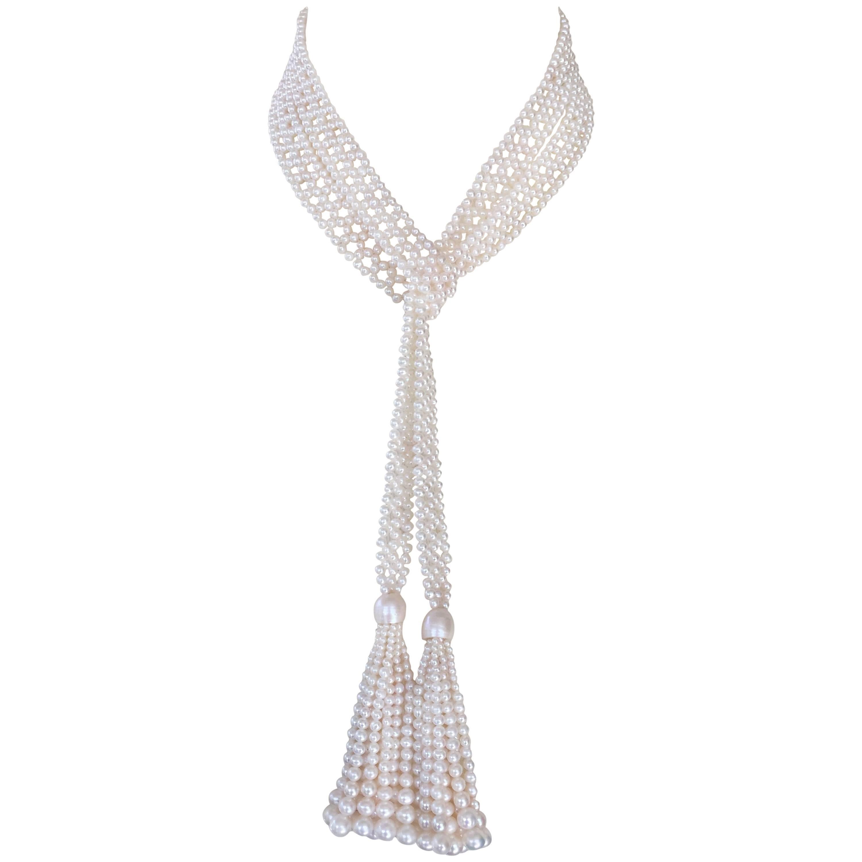 Marina J Woven White Pearl Sautoir with Graduated White Pearl Tassels