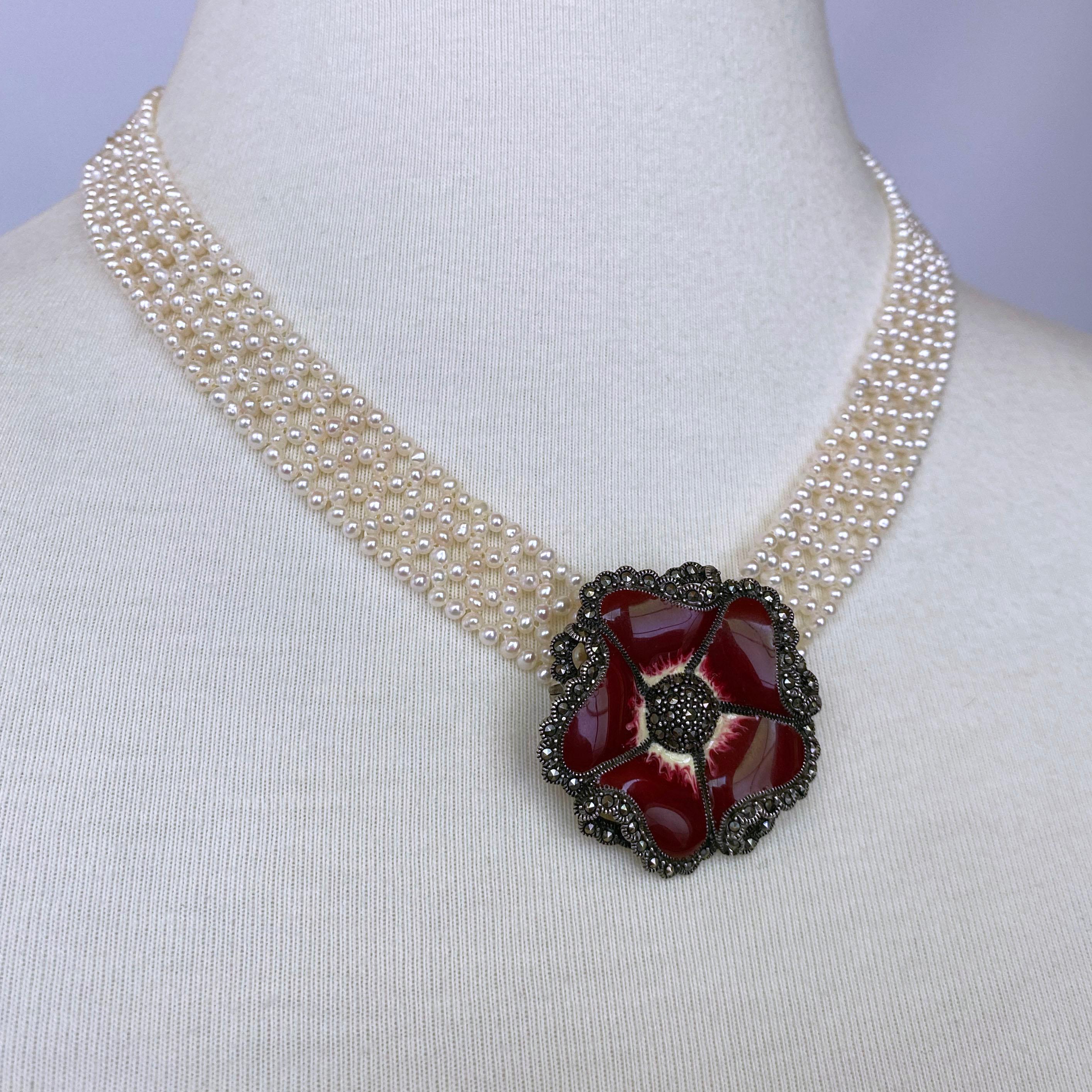 Artist Marina J Woven 'V' Shaped Pearl Necklace with Vintage Brooch