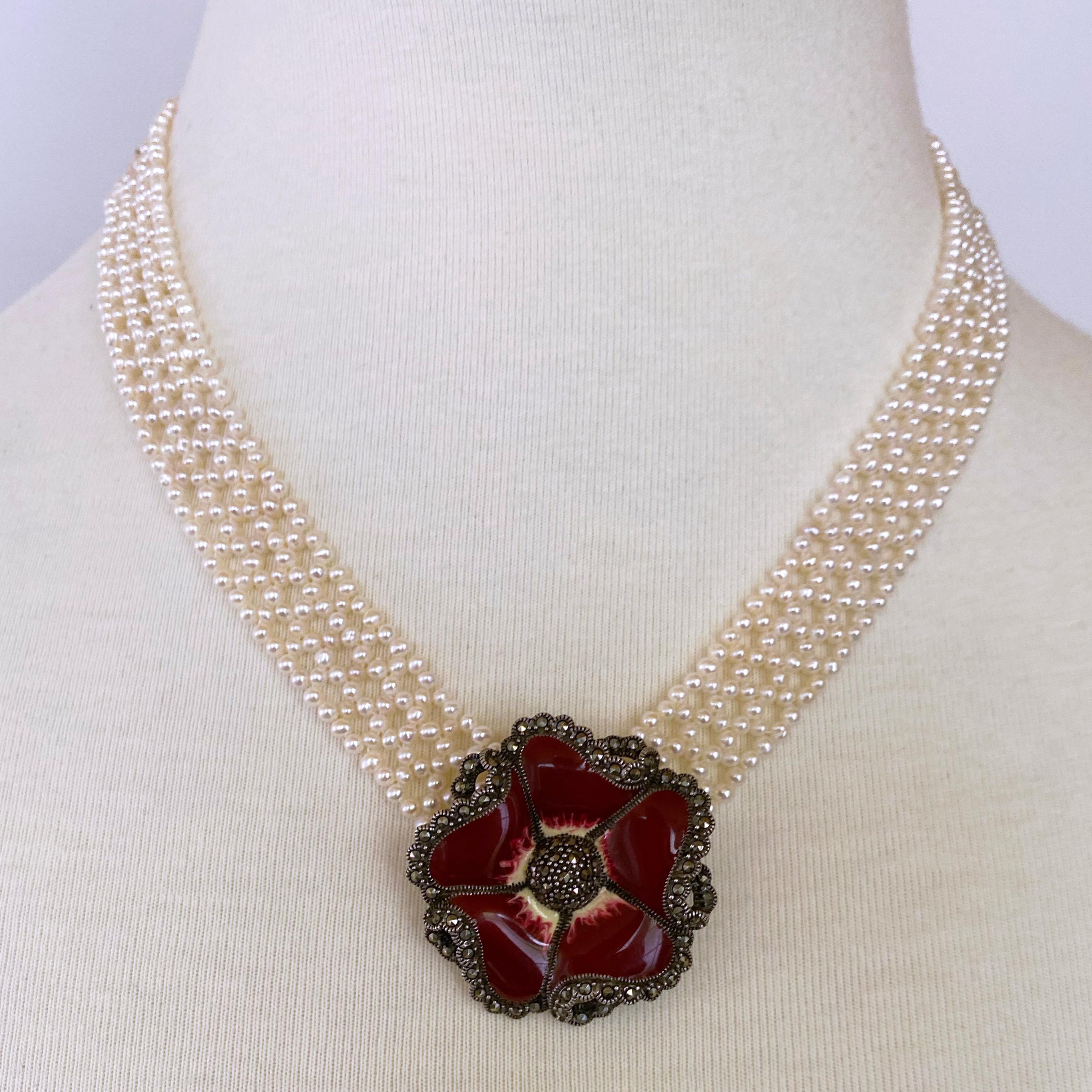 Marina J Woven 'V' Shaped Pearl Necklace with Vintage Brooch 5