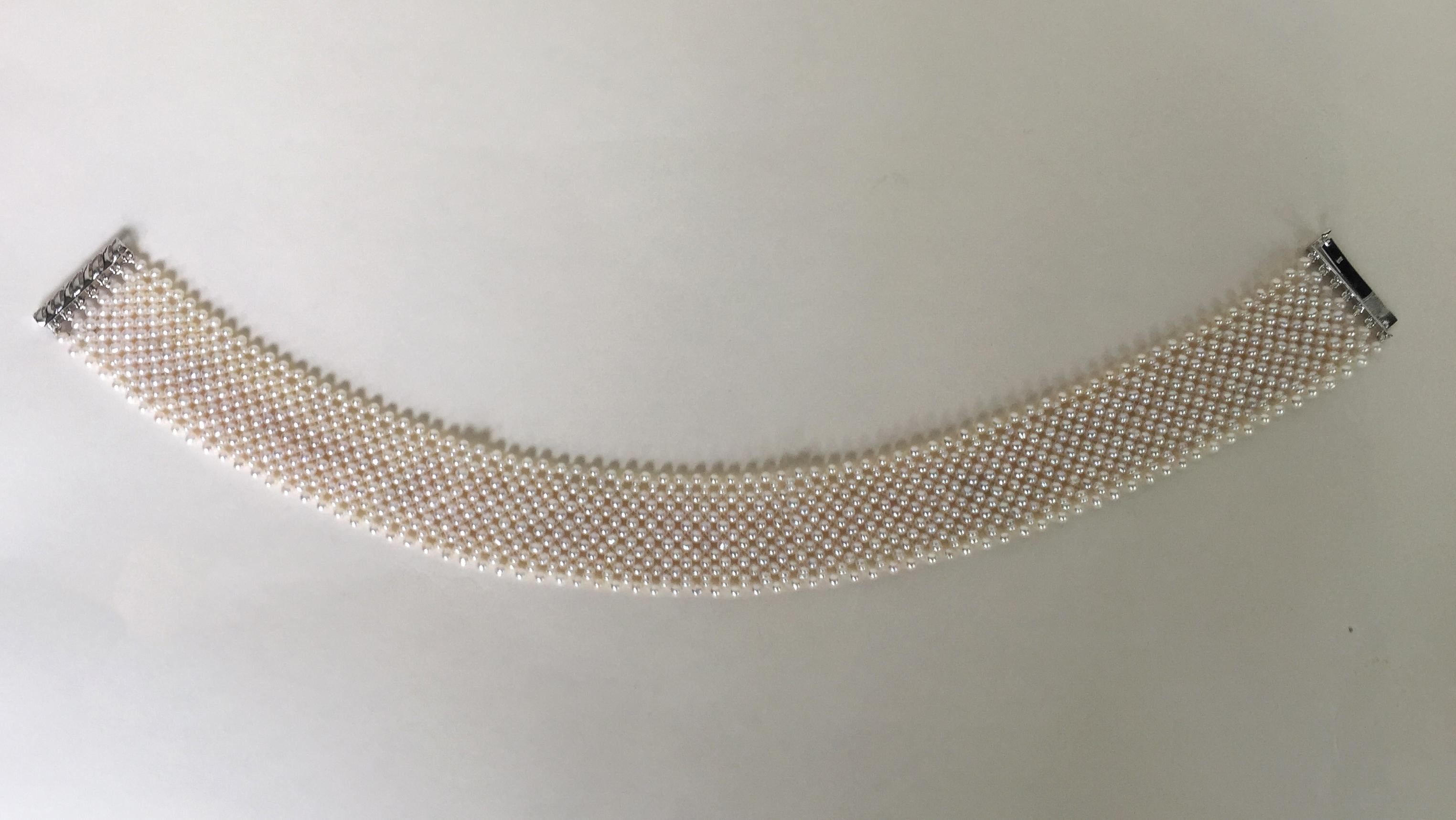 Marina J Woven Wide White Pearl Choker with 14 k White Gold Sliding Clasp For Sale 1