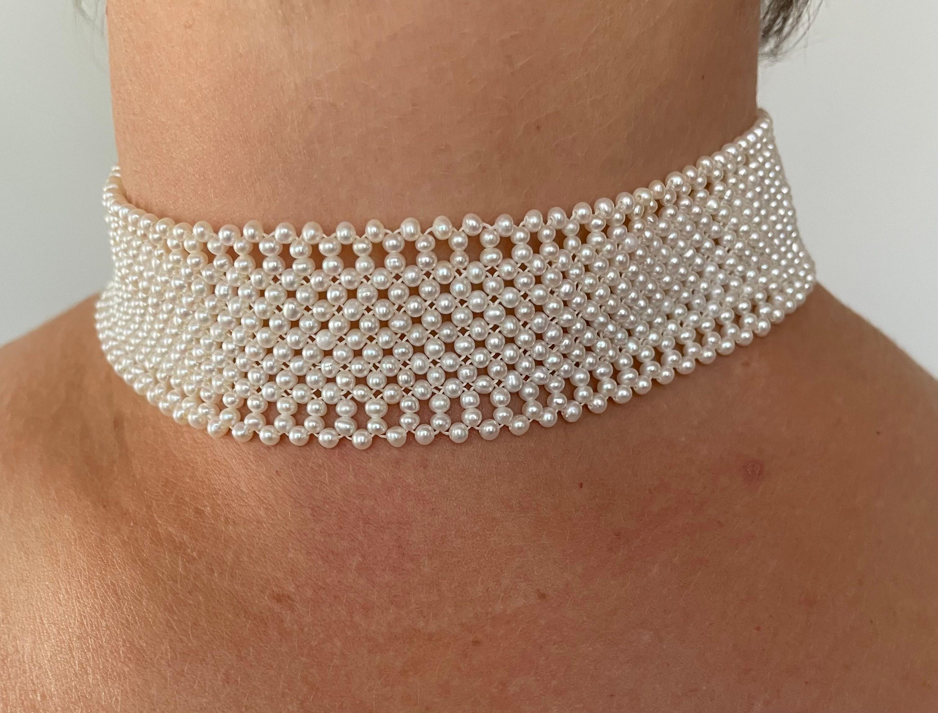 Marina J Woven Wide White Pearl Choker with 14 k White Gold Sliding Clasp For Sale 4