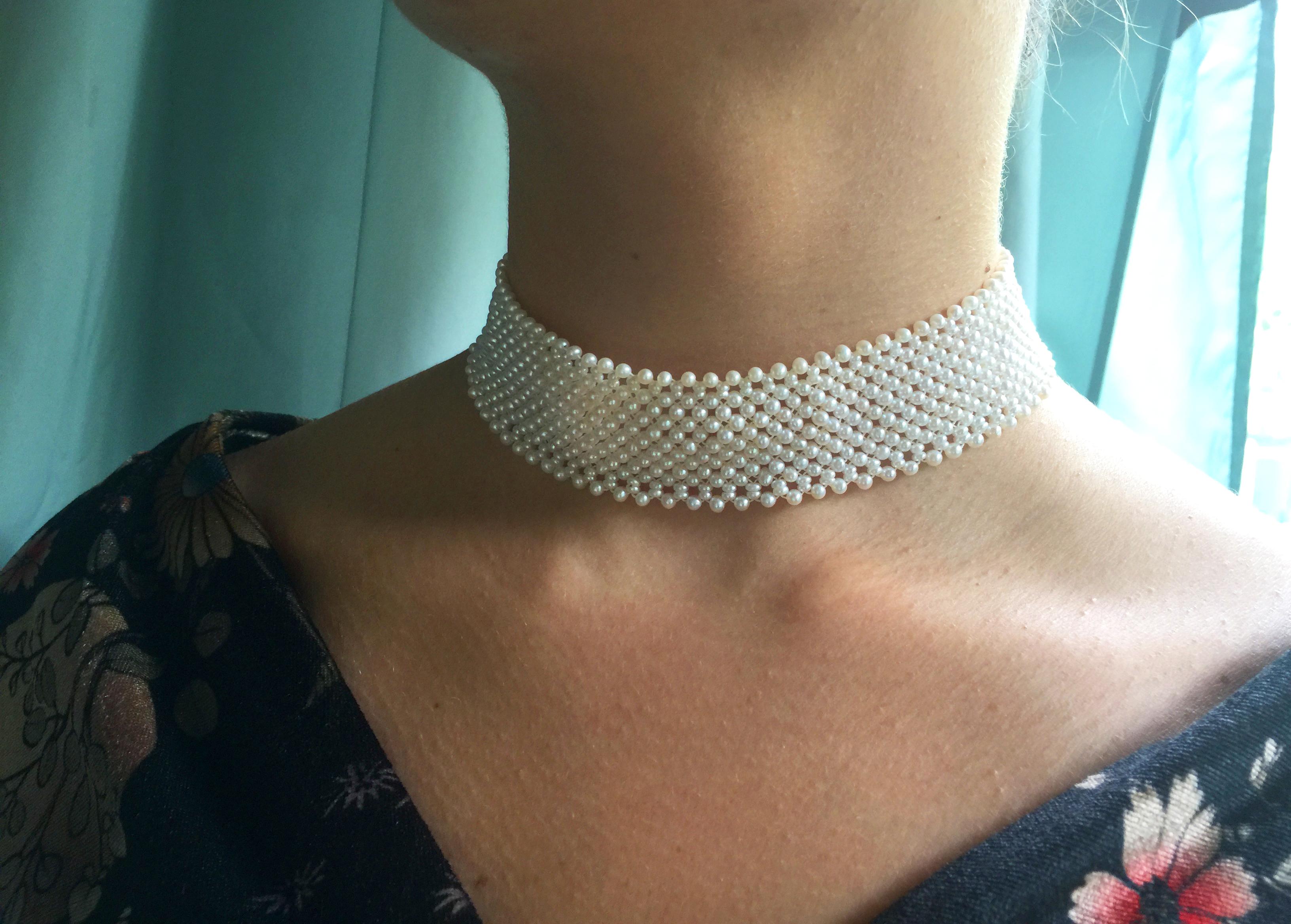 Marina J Woven Wide White Pearl Choker with 14 k White Gold Sliding Clasp In New Condition For Sale In Los Angeles, CA