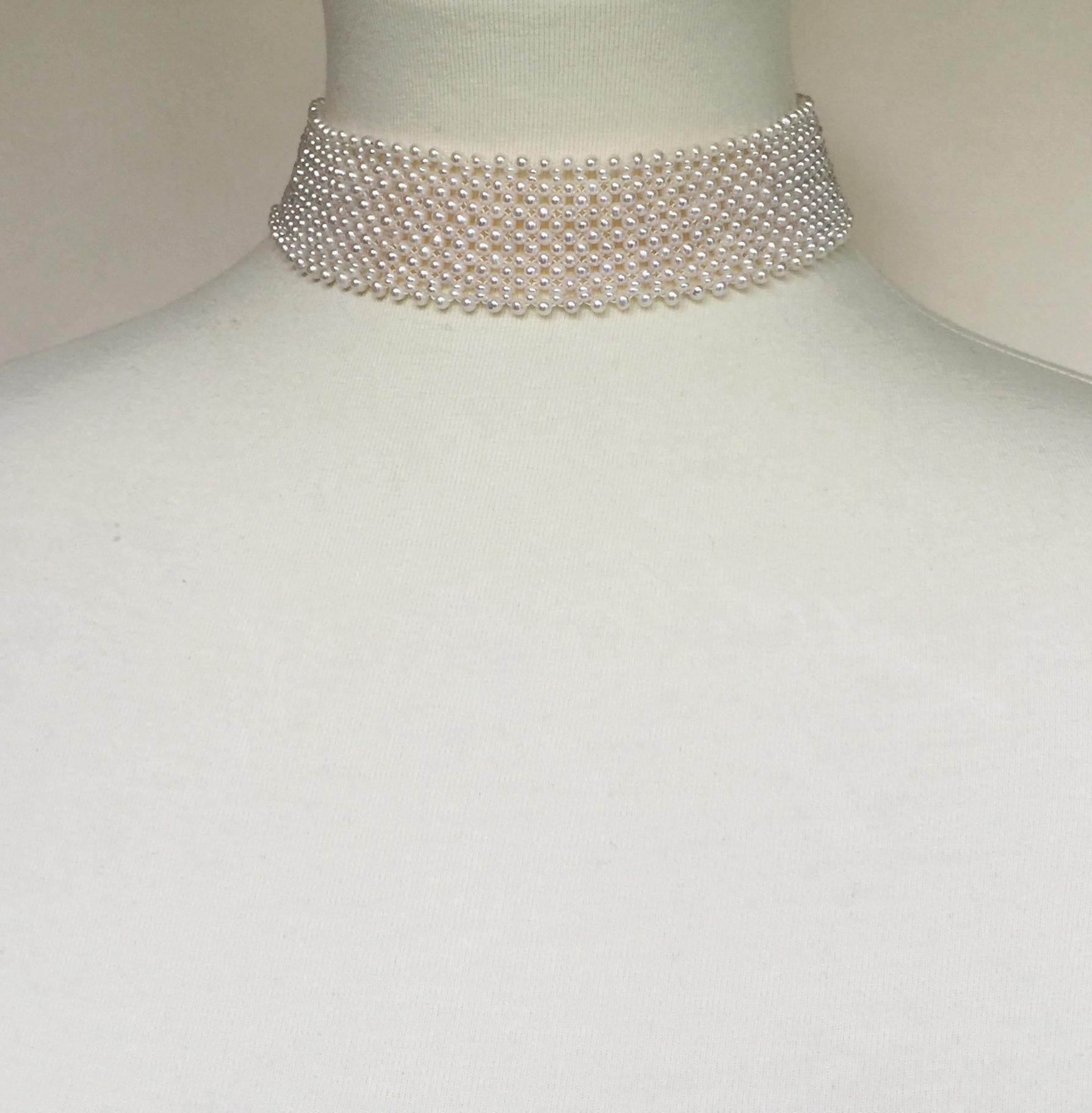 Women's Marina J Woven Wide White Pearl Choker with 14 k White Gold Sliding Clasp For Sale