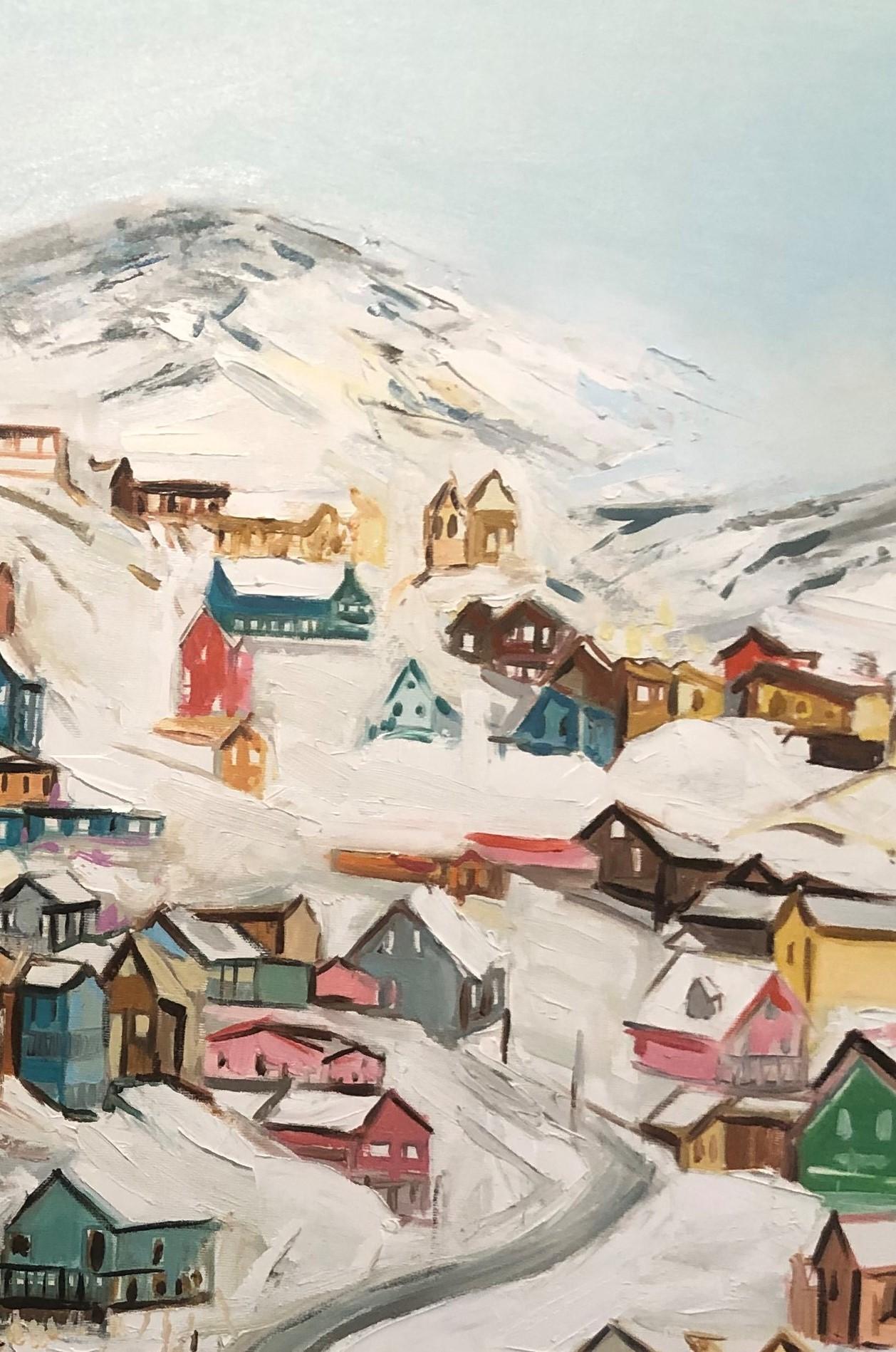 Colored houses,miniature people in colored outfits, a mountain and lots of white snow compose the theme of this artwork. A snow resort with the style of Marina Koutsospyrou.
Oil on canvas,ready to hang! 