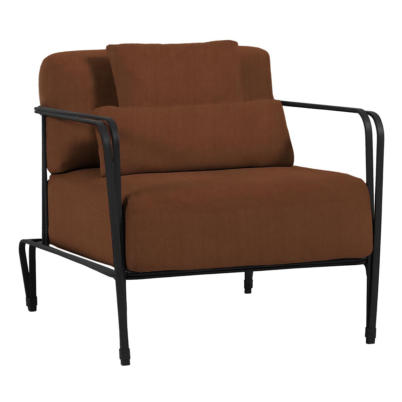 The Marina Armchair is crafted from stainless steel for a traditional look, inspired by classic Florentine designs. Specially crafted for outdoor use, this chair is upholstered in Loro Piana dehors St Raphael Kummel fabric. The frame in a black hole