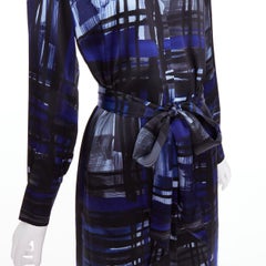 MARINA RINALDI 100% silk blue black brush print belted shirt dress Sz.15 M