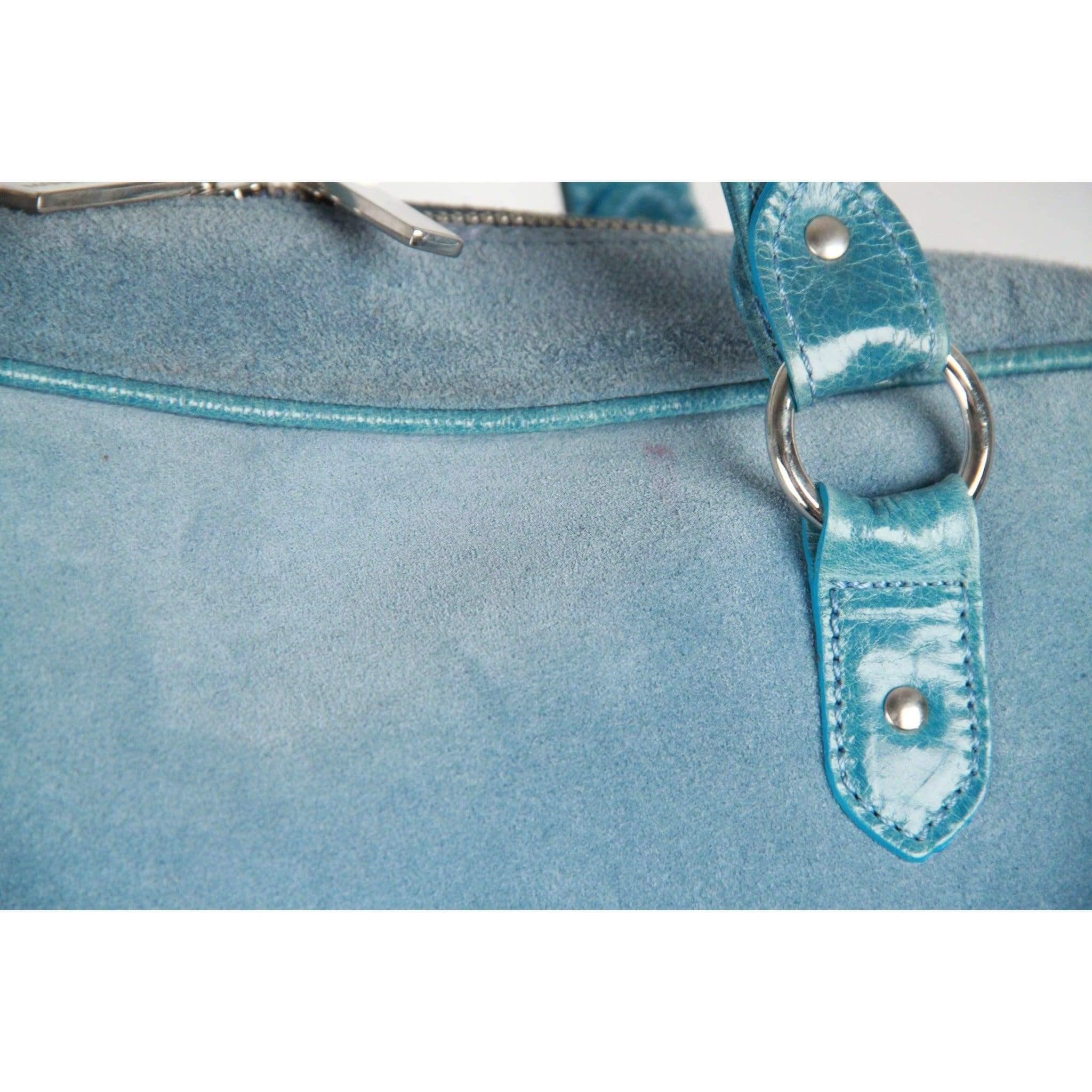 light blue suede handbag
