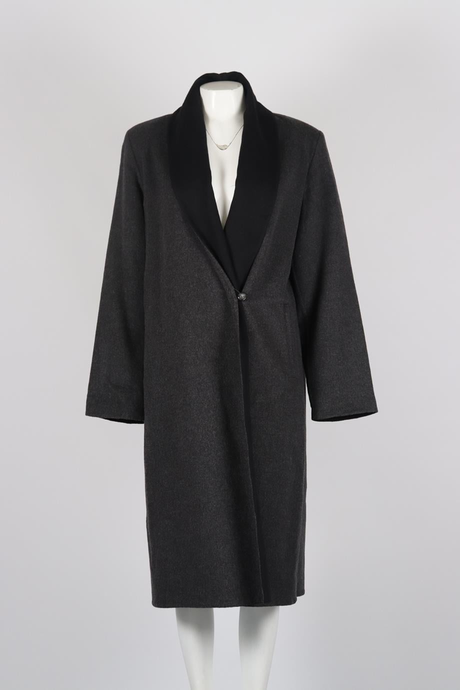 Marina Rinaldi Wool And Angora Blend Coat. Black and grey. Long Sleeve. V-Neck. Button fastening - Front. 80% Wool, 20% angora. 23 (UK 18, US 14, FR 46, IT 50). Bust: 50 in. Waist: 50 in. Hips: 52 in. Length: 43.5 in. Condition: Used. Very good