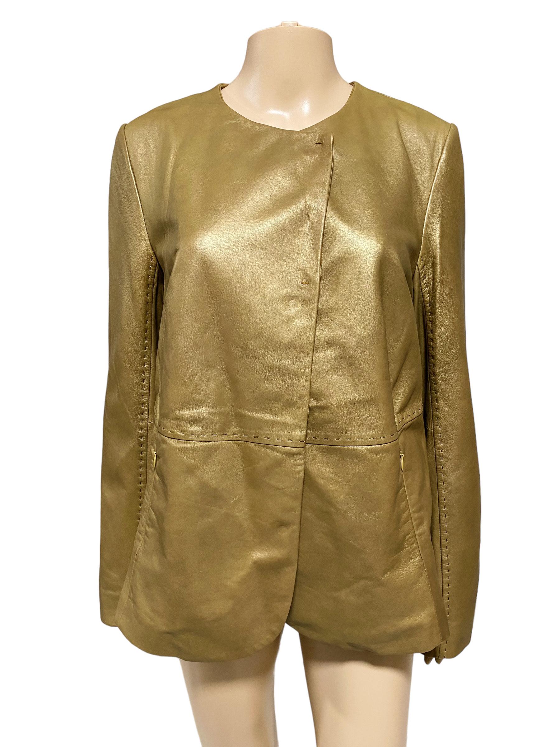 Beautiful elegant jacket designed by Marina Rinaldi, fine Italian manufacture. Marina Rinaldi x Max Mara - Rare & limited edition soft leather gold jacket.  The jacket is suitable for elegant morning & evening and also for business