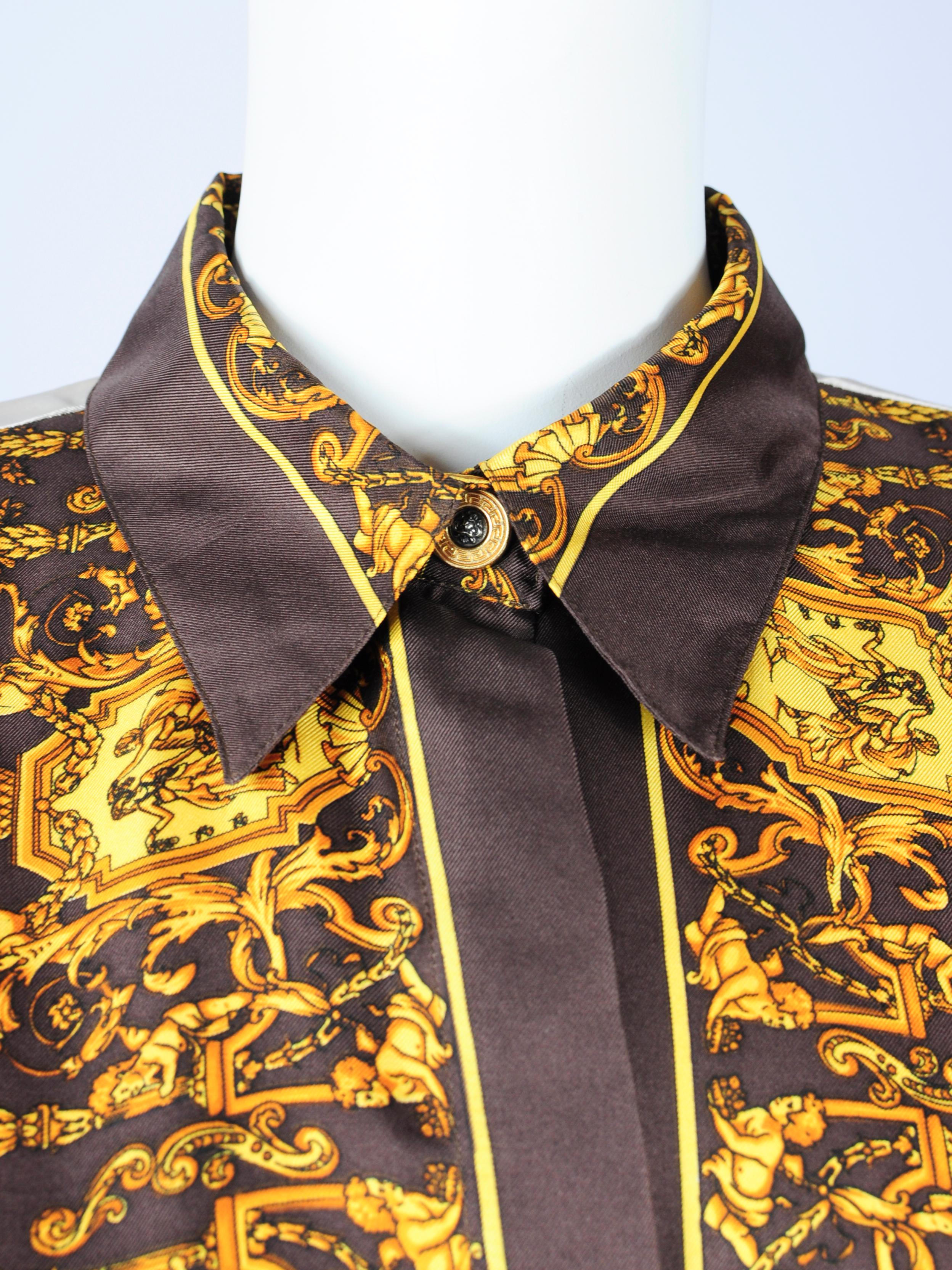 Marina Sitbon pour Kamosho Paris brown, gold and cream baroque print silk blouse from the 1990s. This Kamosho Paris silk blouse has a baroque, opulent, Versace-esque print featuring a Medusa head, Greek elements, angels and carriages. The silk is