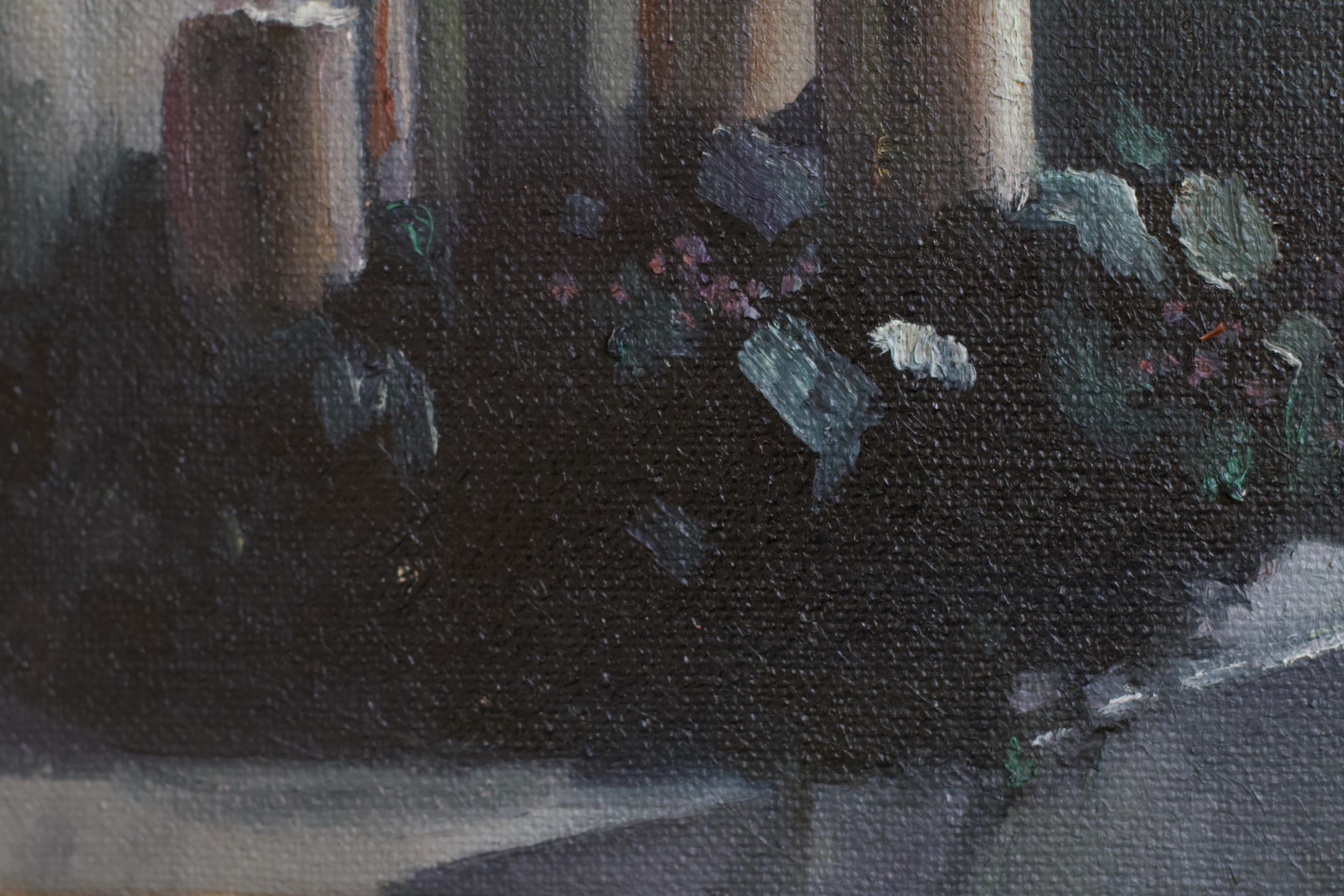 This minimalistic still life painting captures the quiet anticipation of Advent through the gentle glow of a single burning candle on an Advent wreath. The evergreen wreath, adorned with some berries, evokes a sense of tradition and warmth. Soft