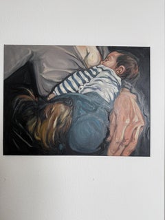 Flowing over. Baby. Child. Dog. Breastfeeding. Grey. Stripes. Blue. Tender. Nice