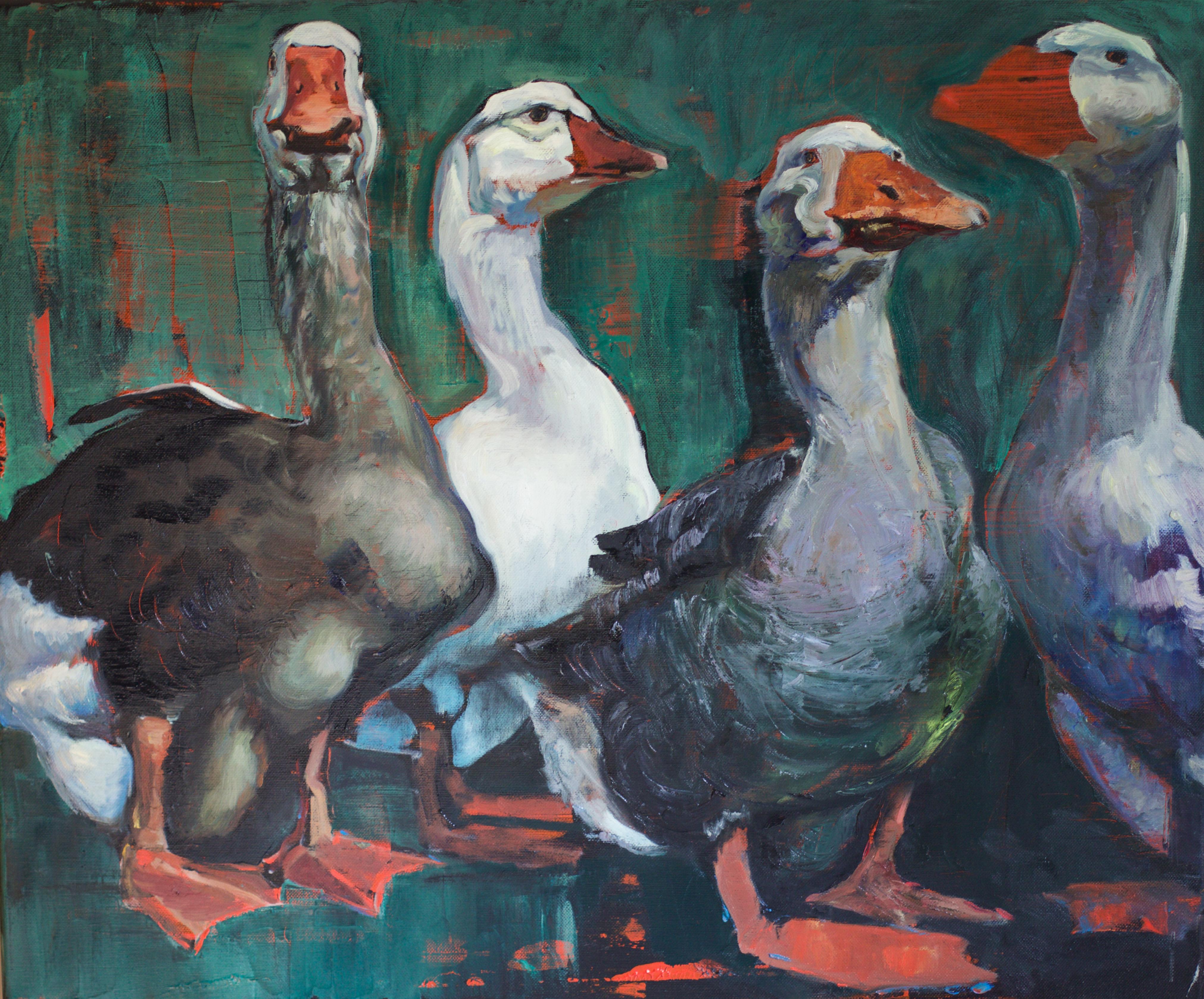 Marina Skepner Animal Painting - Geese. Animals. Birds. Green. White. Grey. Gray. Red. Nature. Rectangular. 60x40