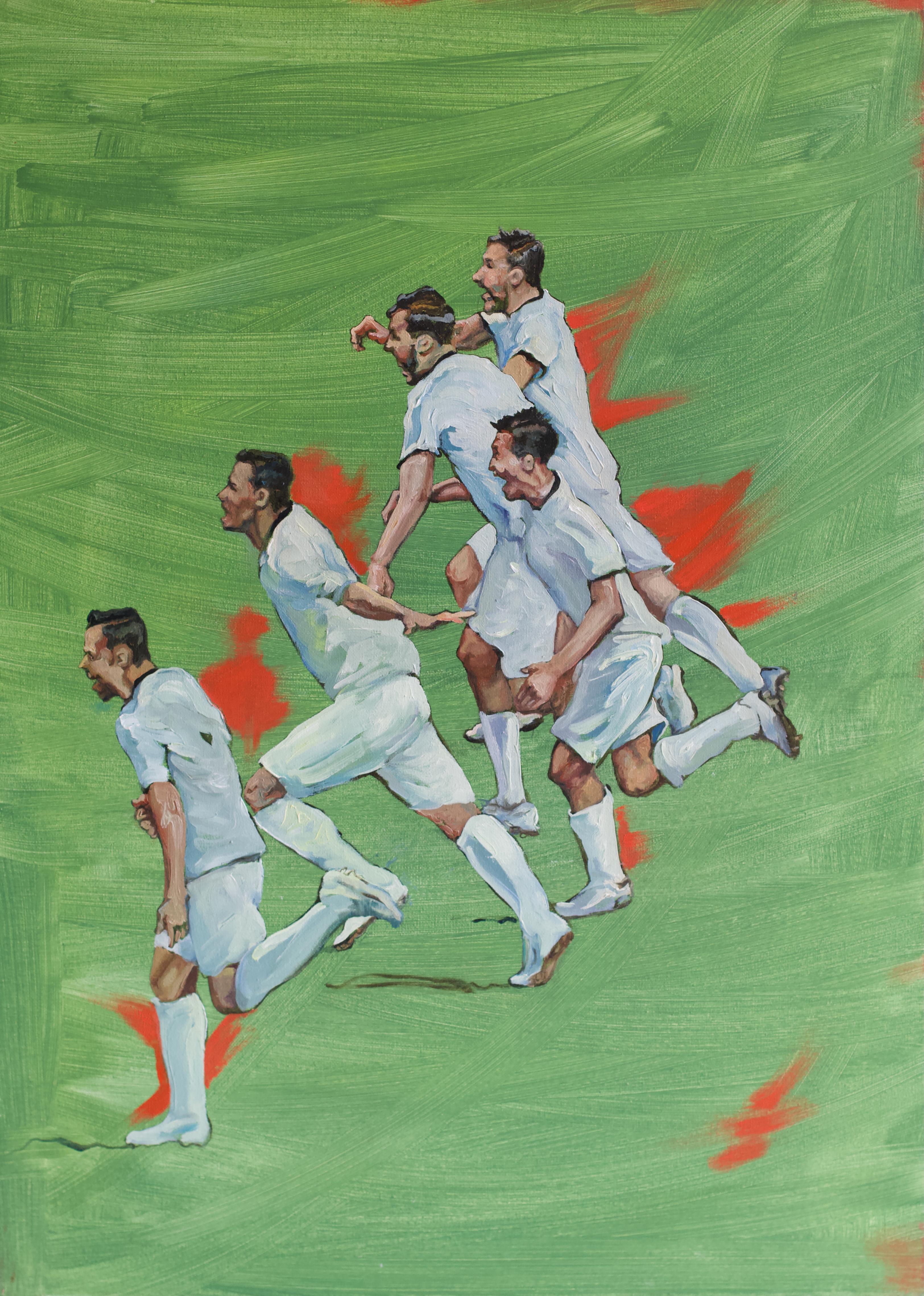 Marina Skepner Figurative Painting - Goal. Green. soccer. sport. football. oil. red. white