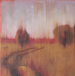 Road. Red. Square. Landscape. Autumn. Tree. Field. Ocher. Warm. Sky. Still.