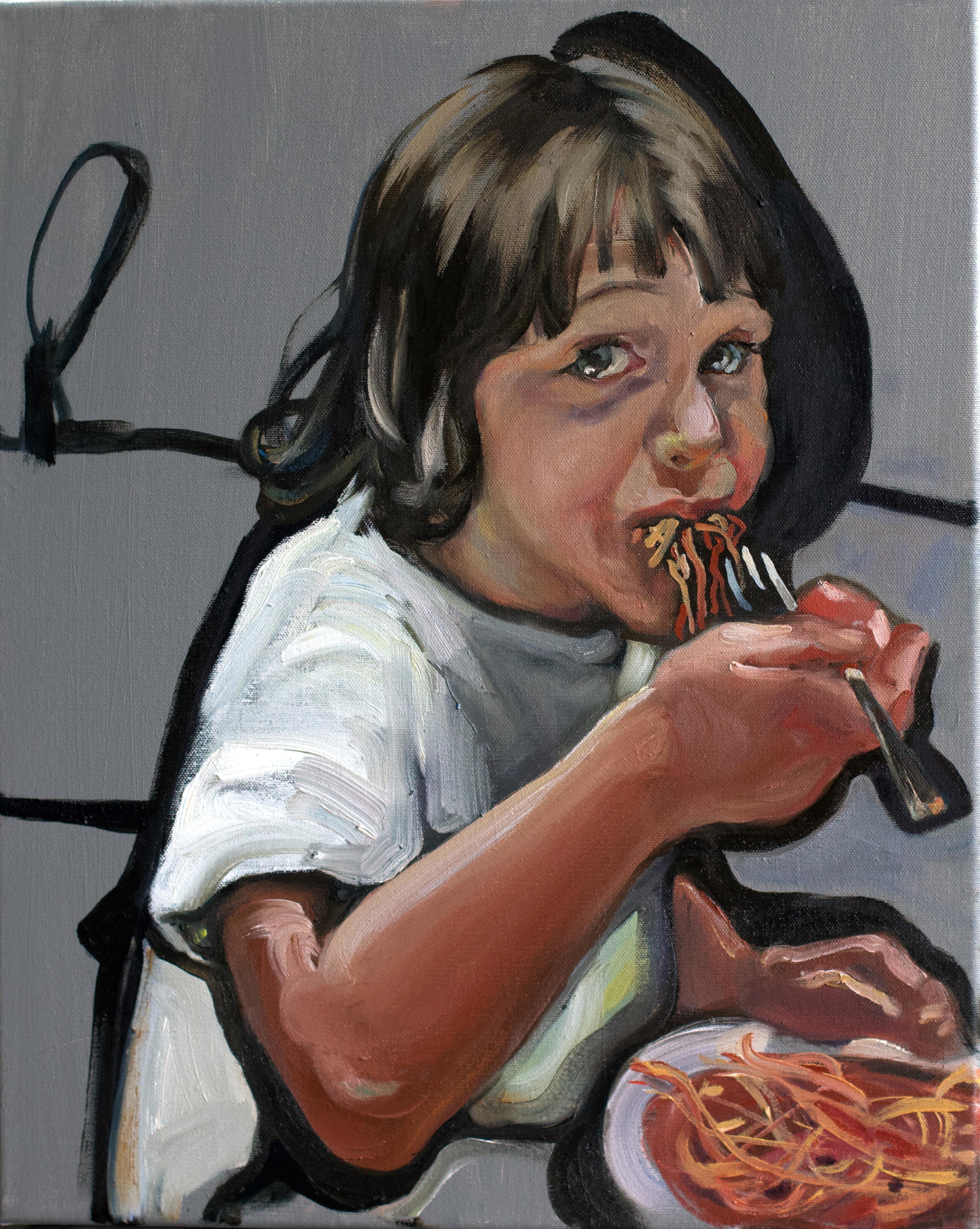 Portrait Painting Marina Skepner - Spaghetti. Garçon. Child & Child. Portrait. L'alimentation. Italien. Gris. Blanc. Pâtes. Noir. Blanc