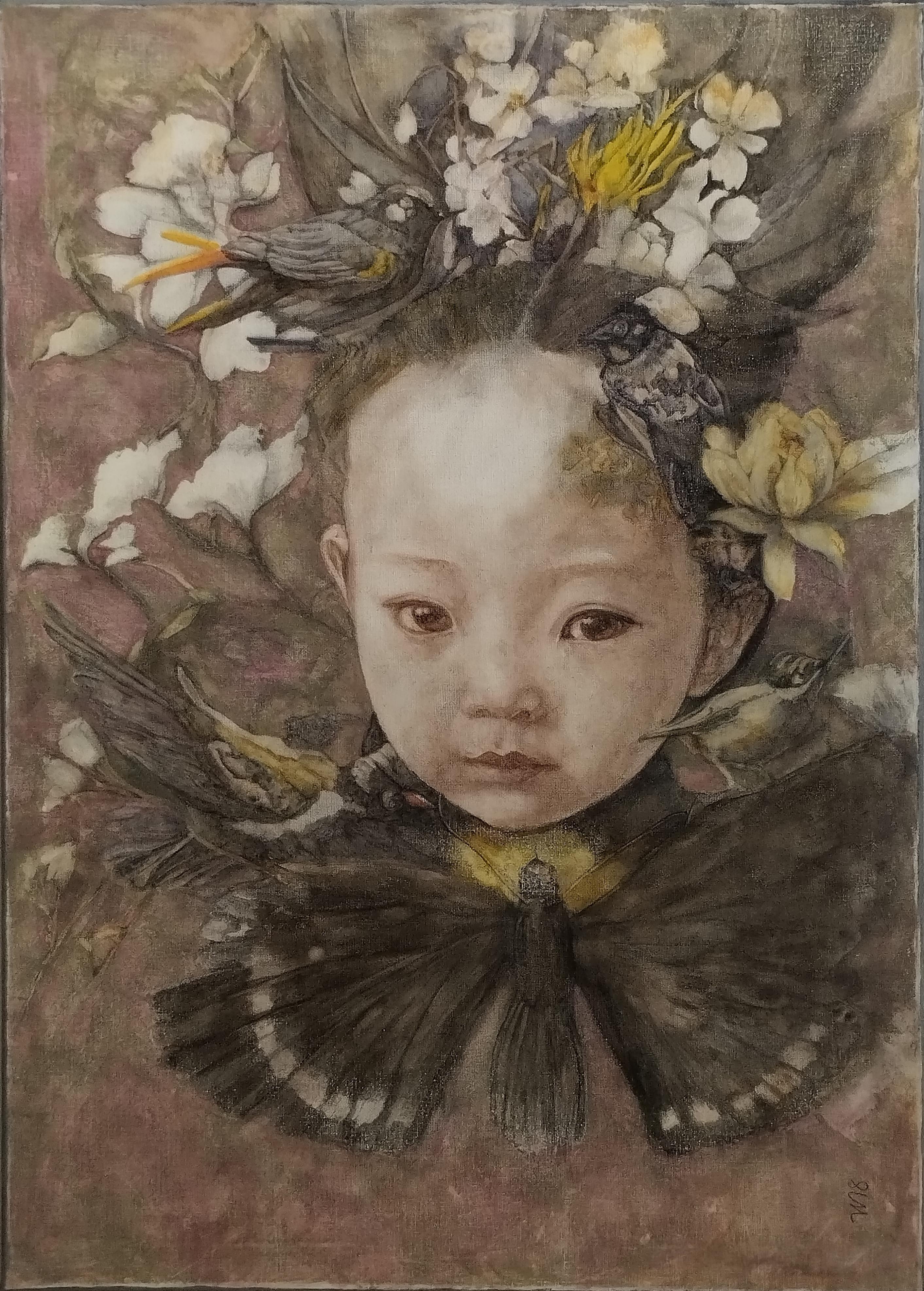 Butterfly Figurative Painting in Acrylic and Pencil on Canvas, 2010+