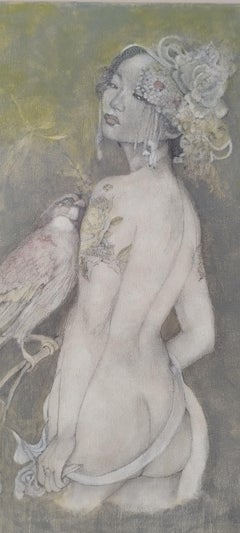 Decorative Portrait with Bird and Floral Motifs , vintage Inspired