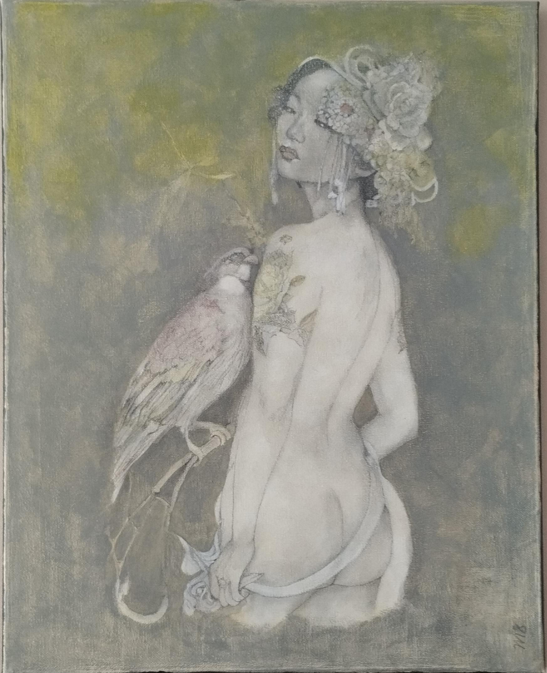Decorative Portrait with Bird and Floral Motifs , vintage Inspired
