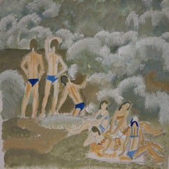 "Bathers" Water, River, Summer, Russian  cm . cm. 30 x 30 gouache  1976