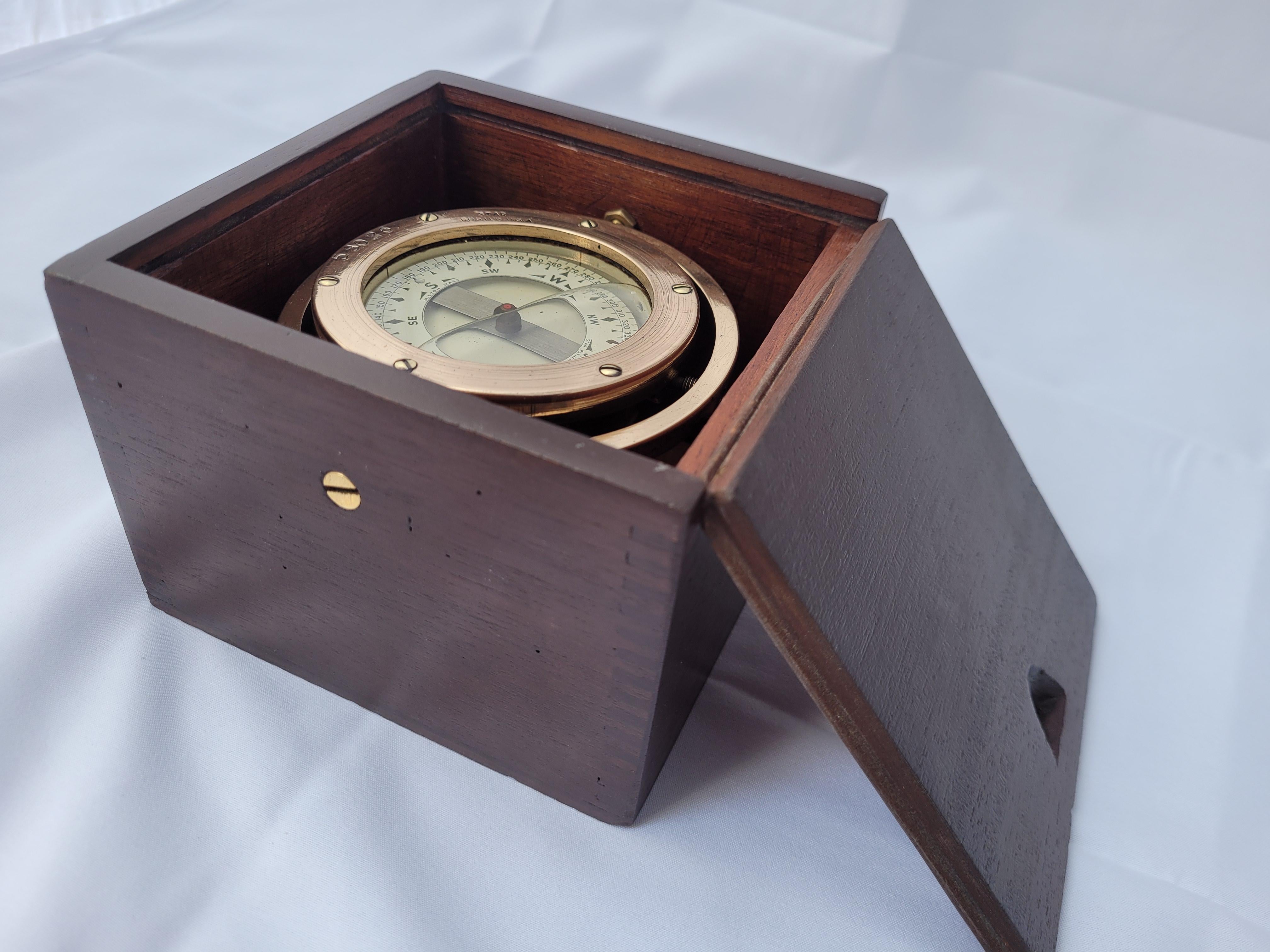 Brass Marine Compass in Box by Star Compass of Boston For Sale