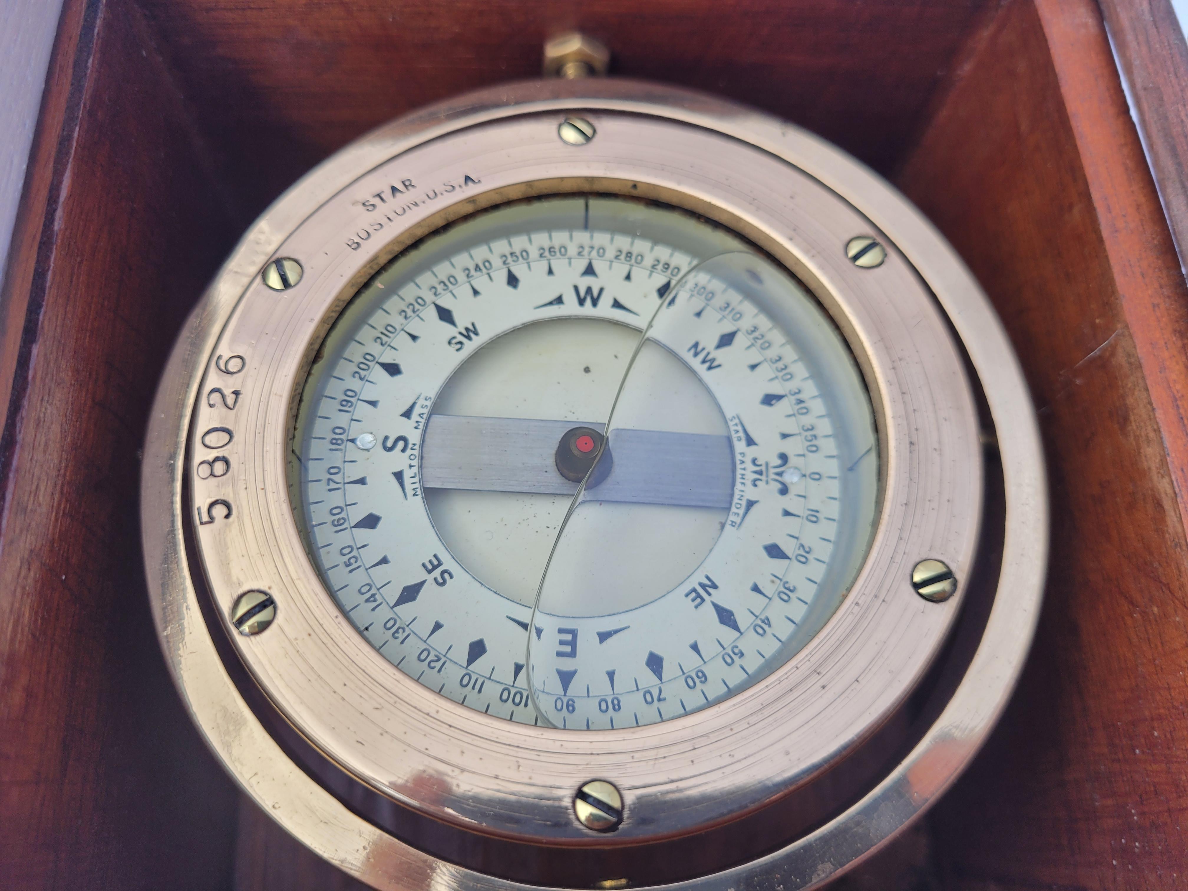 Brass Marine Compass in Box by Star Compass of Boston For Sale