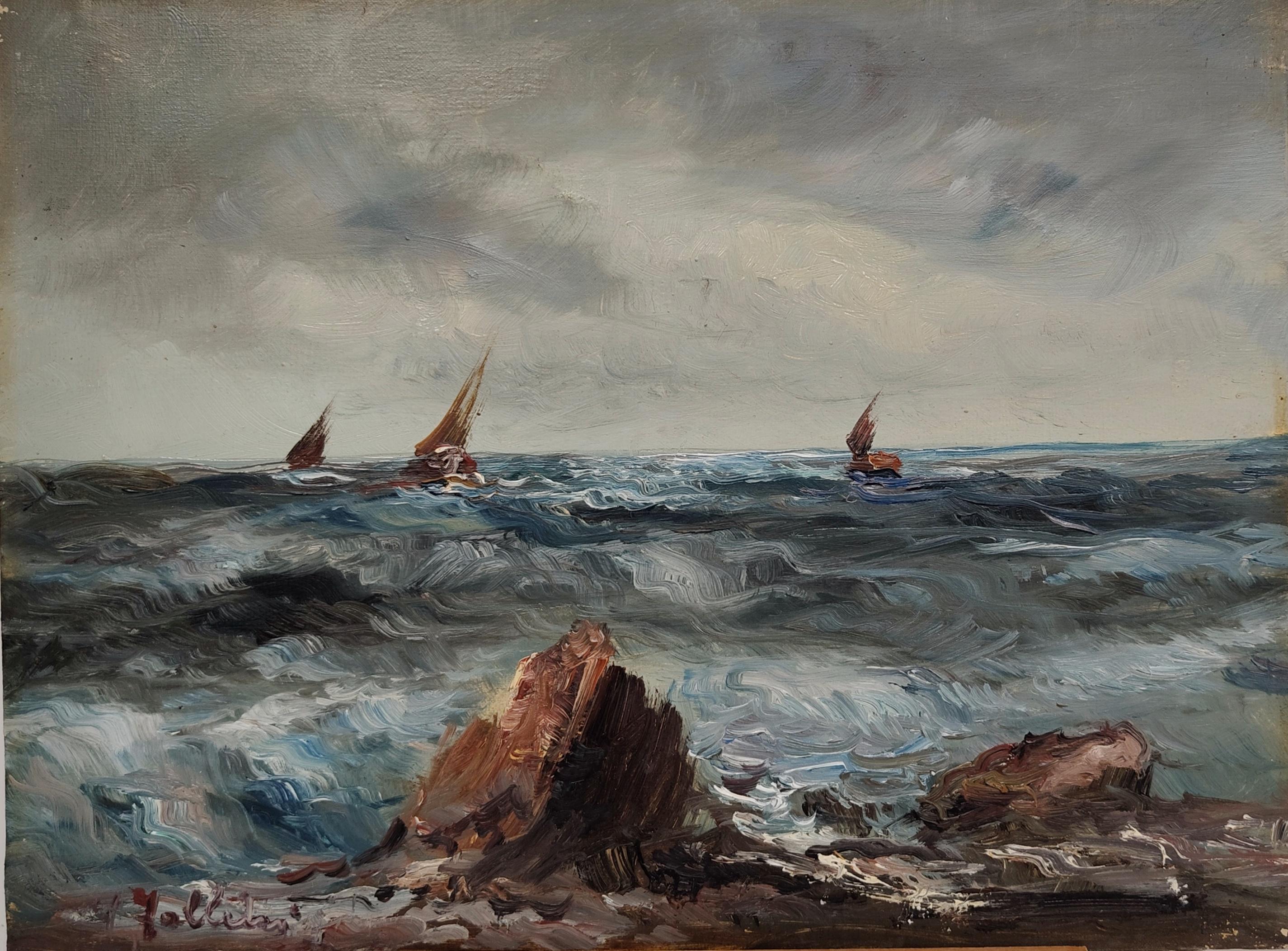 Paire d'huiles sur toile signées Follini exécutées vers 1930. Les œuvres représentent une vue de la mer avec des rochers au premier plan et des bateaux à l'horizon. Deux œuvres qui montrent une mer houleuse réalisée à l'aide de coups de pinceau