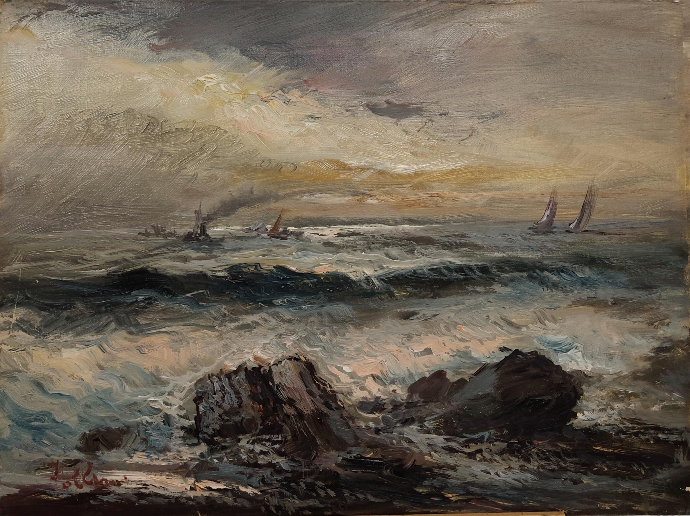 Autre Marine avec rochers et bateaux, huile sur toile, 1930 en vente
