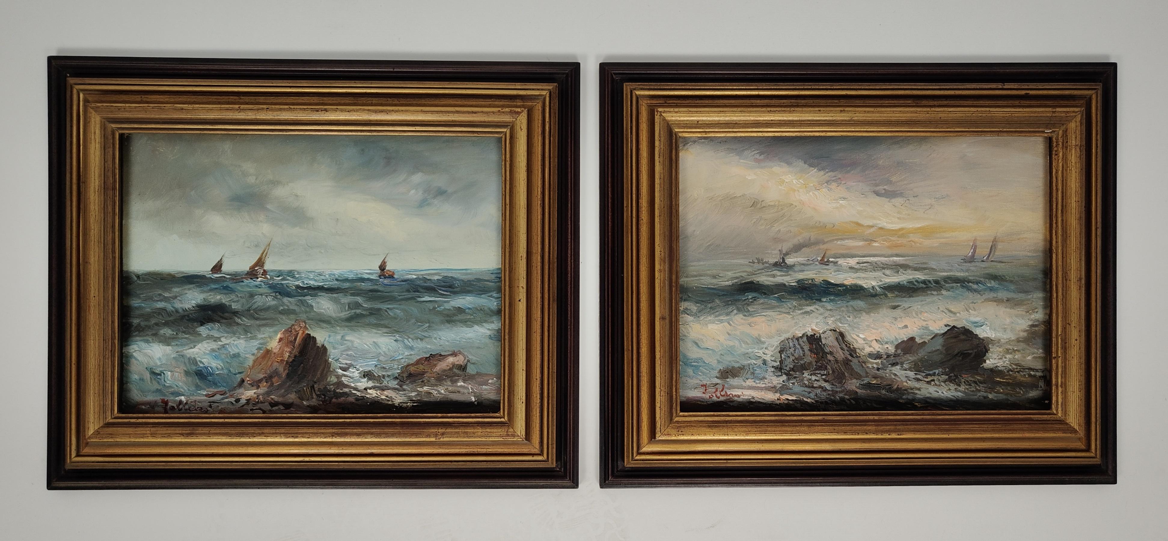 Mid-20th Century Marine avec rochers et bateaux, huile sur toile, 1930 en vente