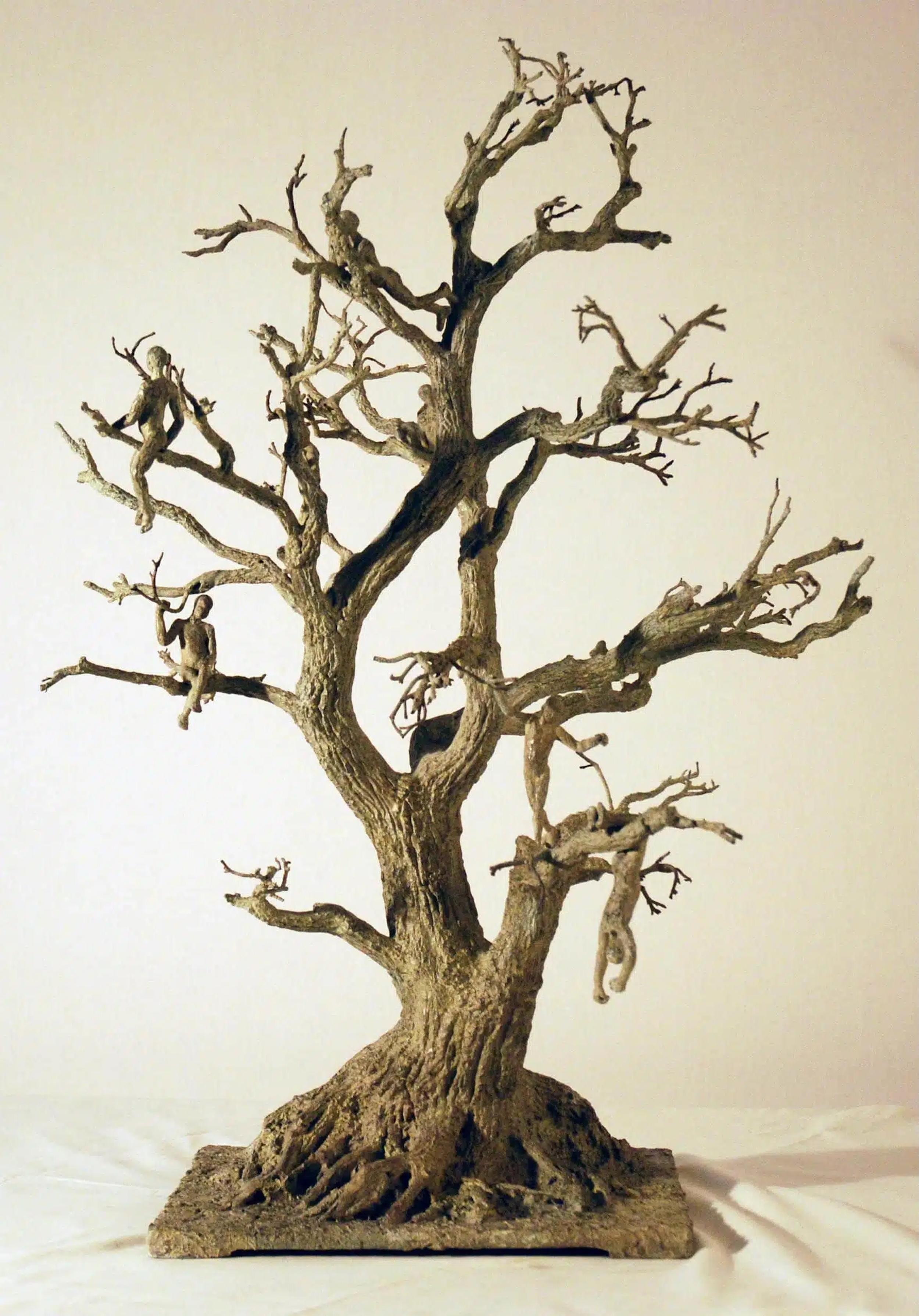 Marine de Soos Figurative Sculpture - Chat perché by M. de Soos, Bronze Sculpture of Children Playing on a Tree