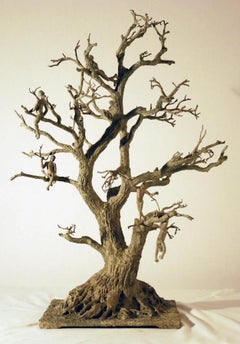 Chat perché by M. de Soos, Bronze Sculpture of Children Playing on a Tree