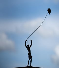 Childhood’s Sail V by Marine de Soos - Bronze sculpture, child's figure, kite