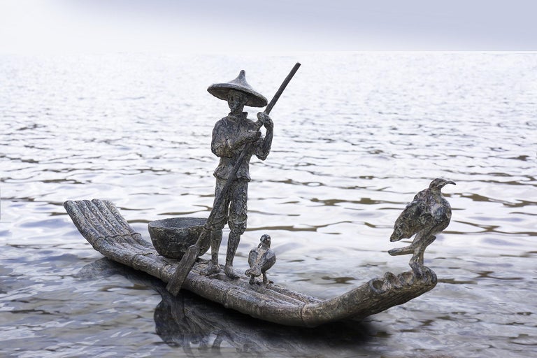Marine de Soos Figurative Sculpture - Cormorant Fishing - Bronze Sculpture