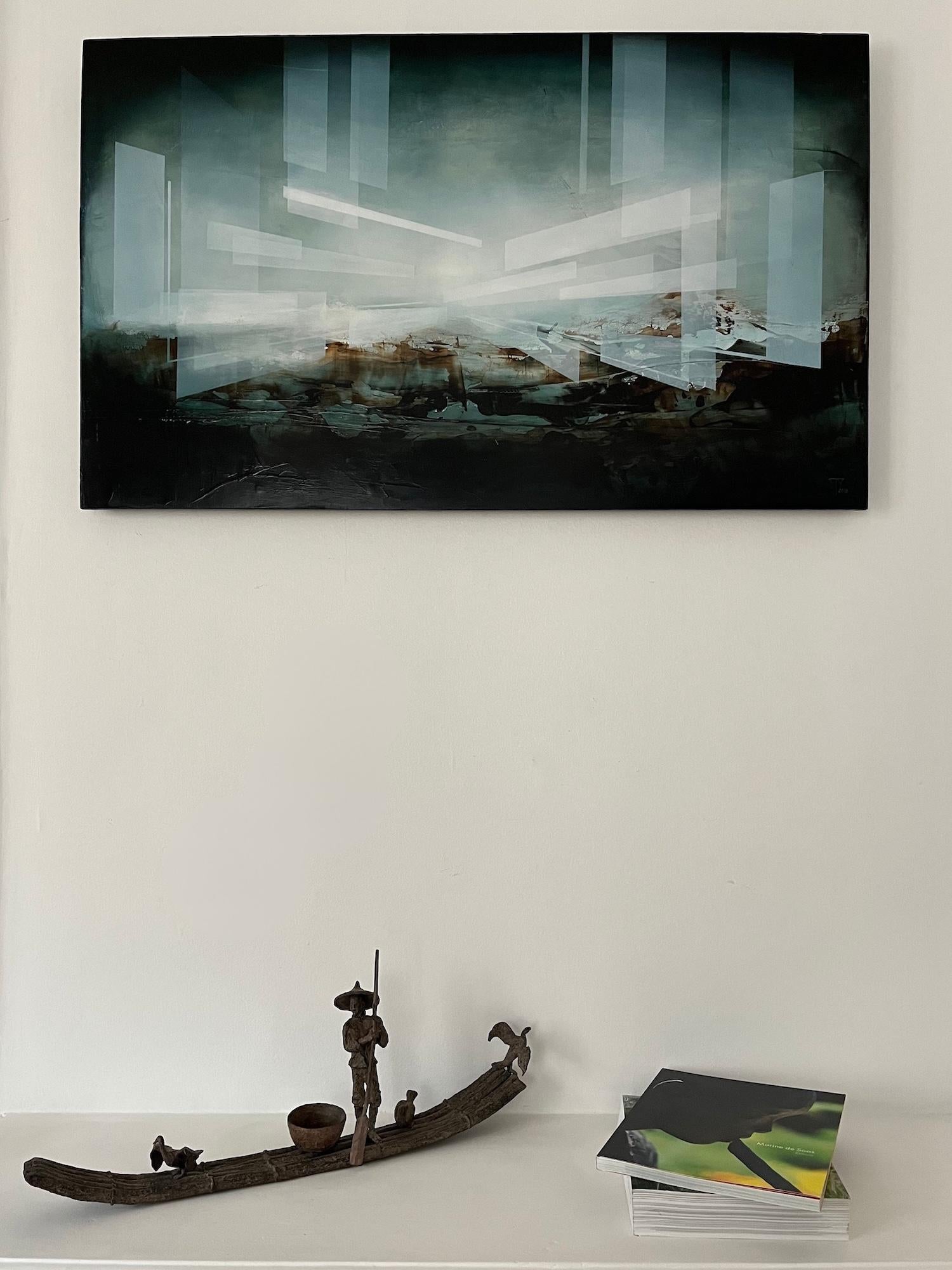 Cormorant Fishing by Marine de Soos - Bronze sculpture, human figure, boat, bird For Sale 9