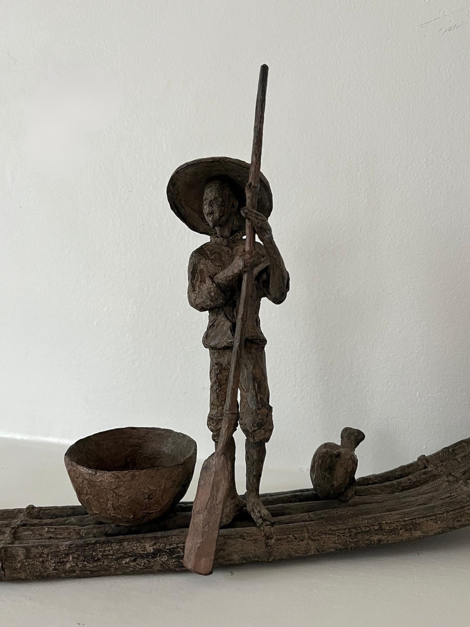 Cormorant Fishing by Marine de Soos - Bronze sculpture, human figure, boat, bird For Sale 11