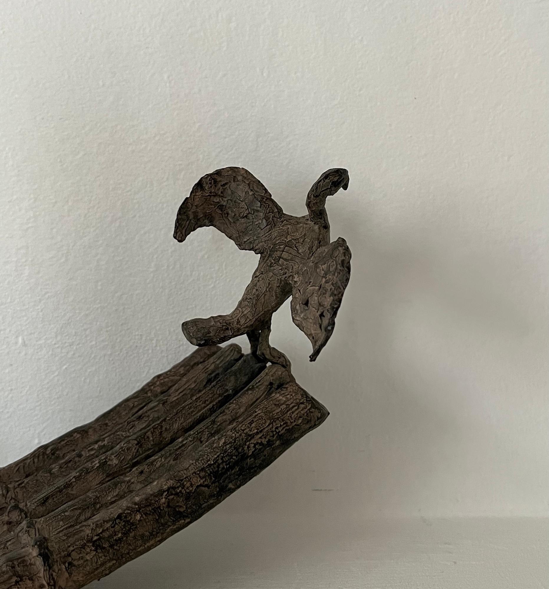 Cormorant Fishing by Marine de Soos - Bronze sculpture, human figure, boat, bird For Sale 12