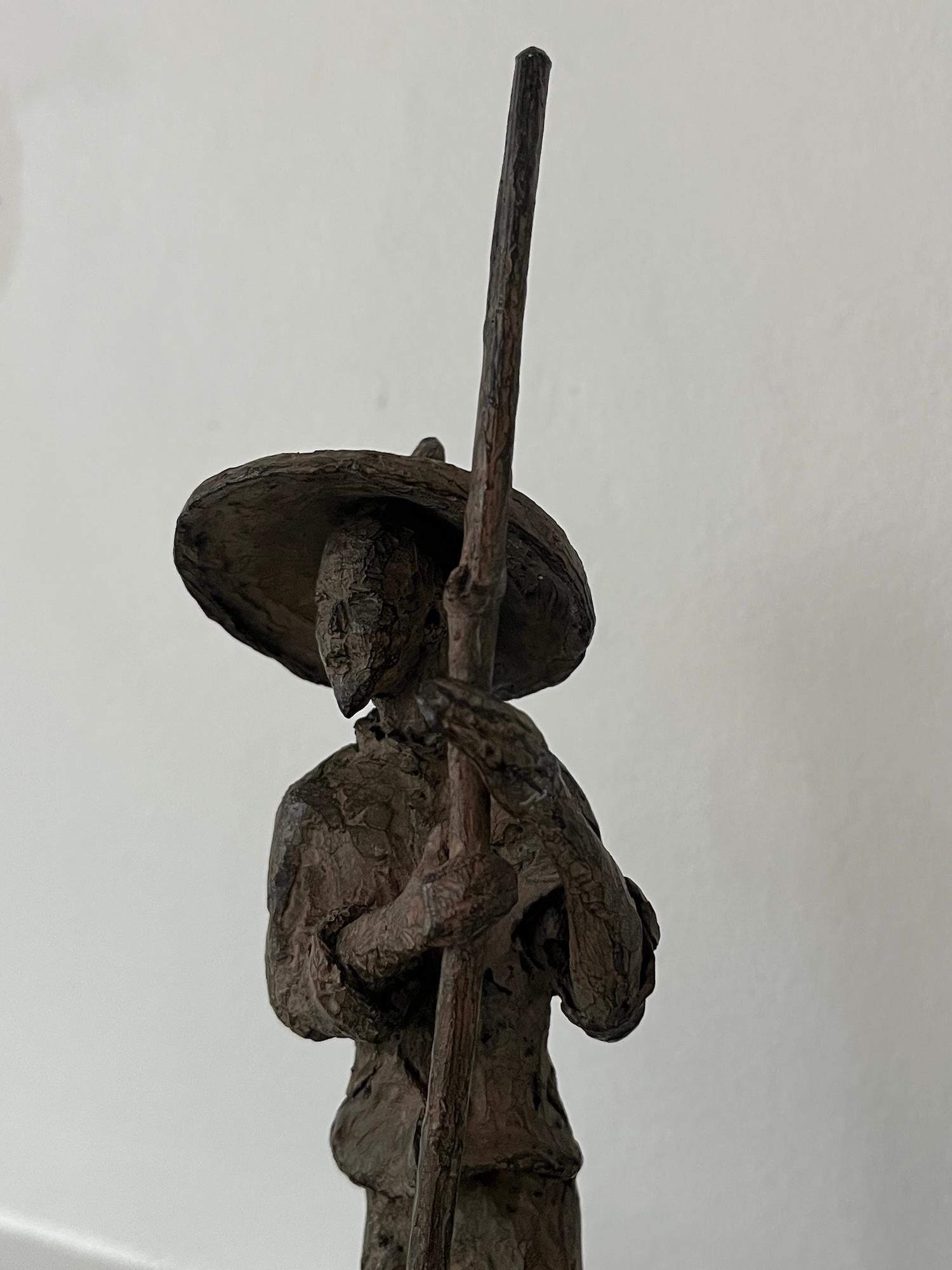 Cormorant Fishing by Marine de Soos - Bronze sculpture, human figure, boat, bird For Sale 13