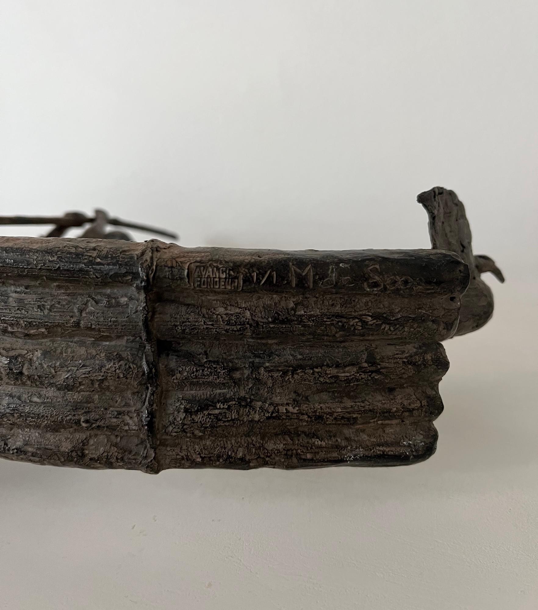 Cormorant Fishing by Marine de Soos - Bronze sculpture, human figure, boat, bird For Sale 14