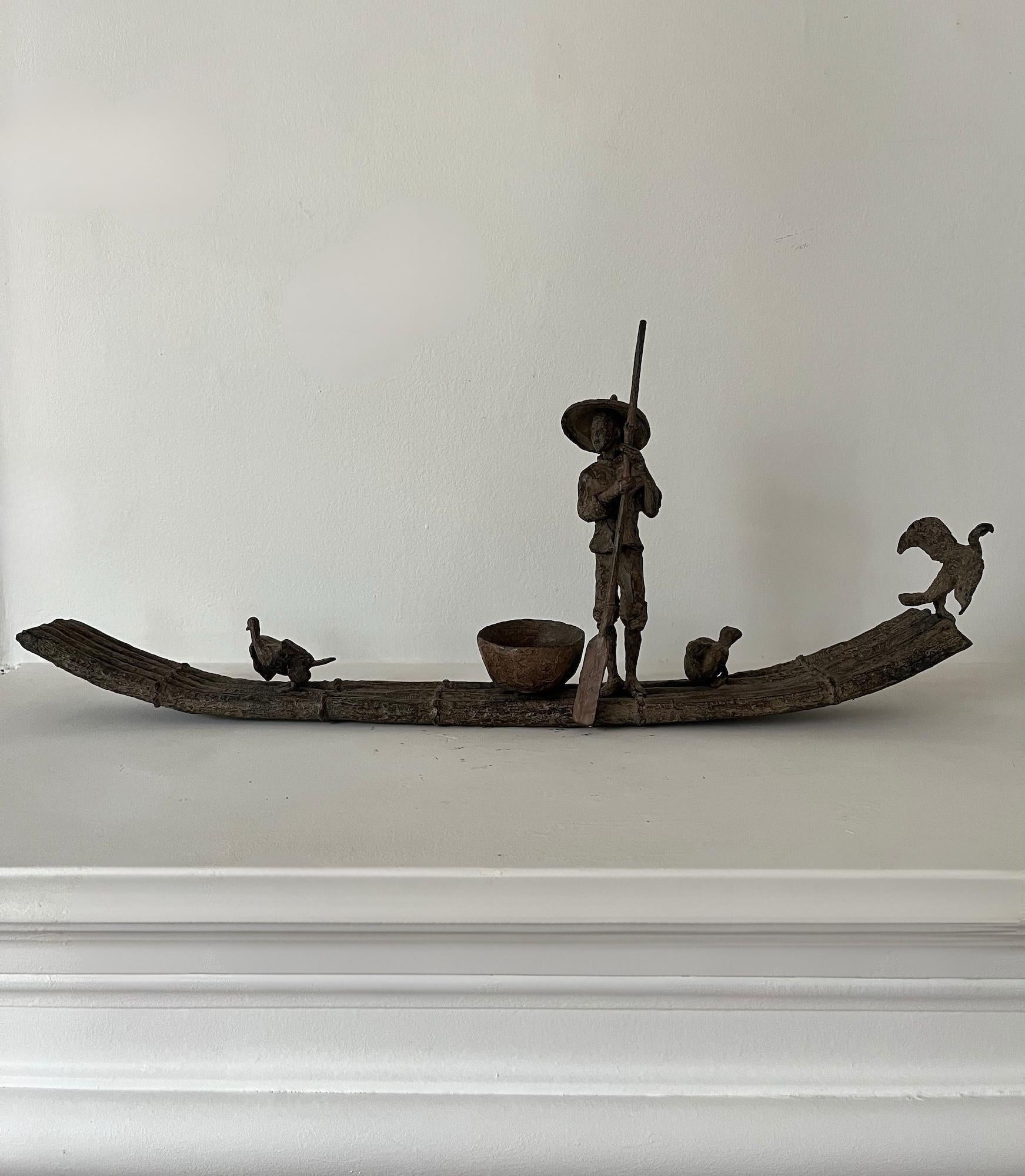 Cormorant Fishing by Marine de Soos - Bronze sculpture, human figure, boat, bird For Sale 15