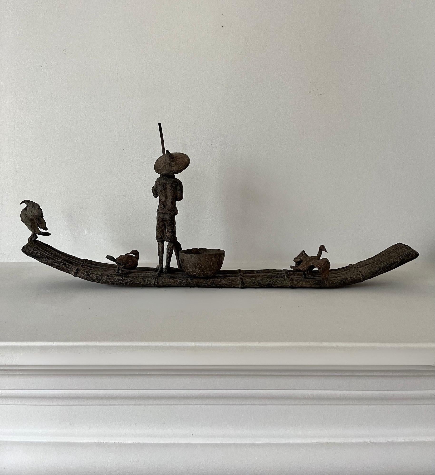 Cormorant Fishing by Marine de Soos - Bronze sculpture, human figure, boat, bird For Sale 16