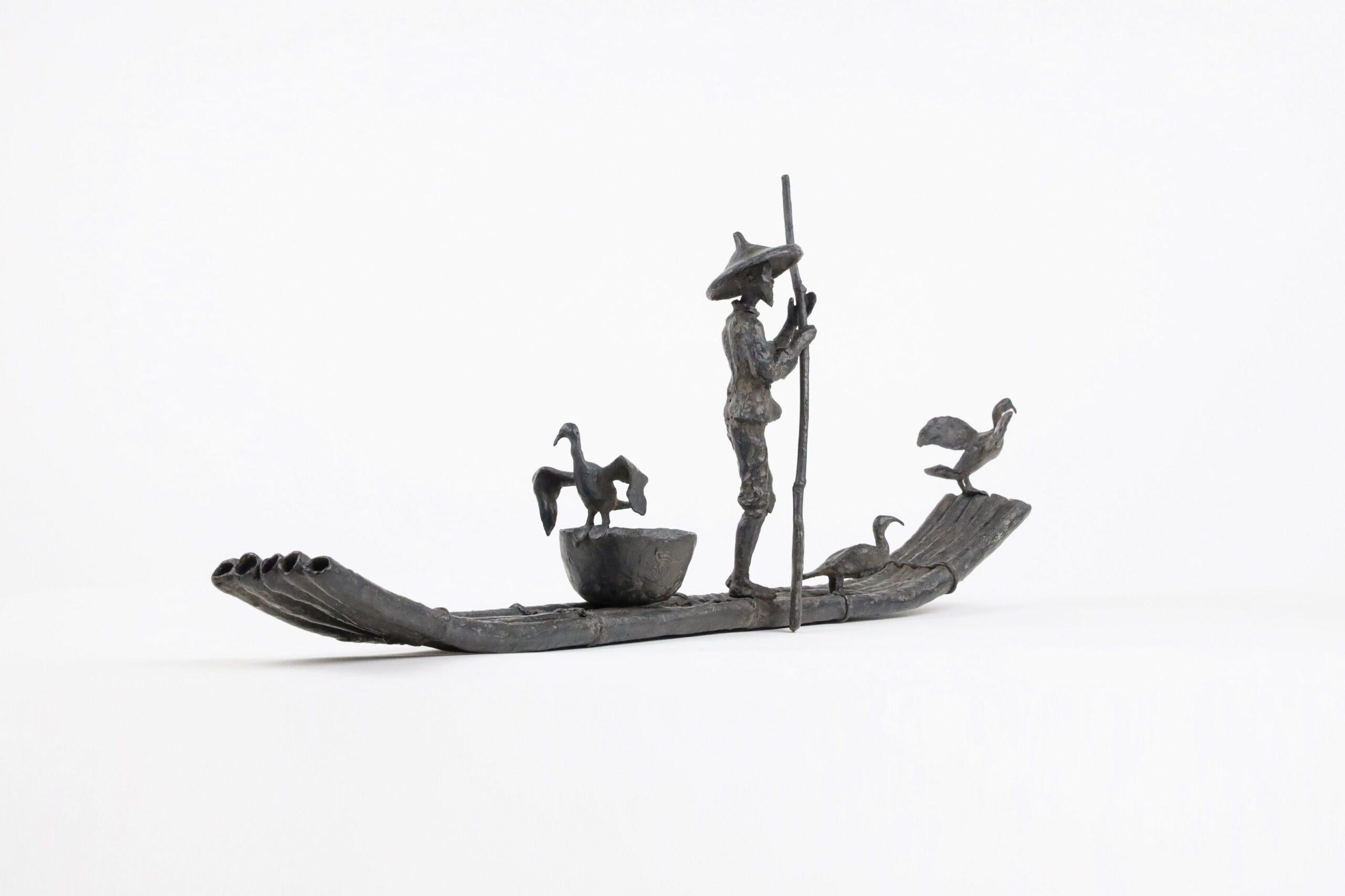 Cormorant Fishing by Marine de Soos - Bronze sculpture, human figure, boat, bird For Sale 1