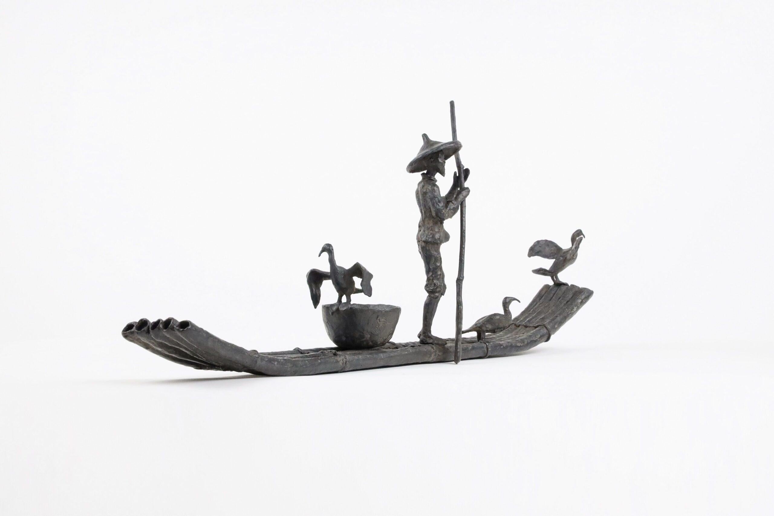 Cormorant Fishing by Marine de Soos - Bronze sculpture, human figure, boat, bird For Sale 2