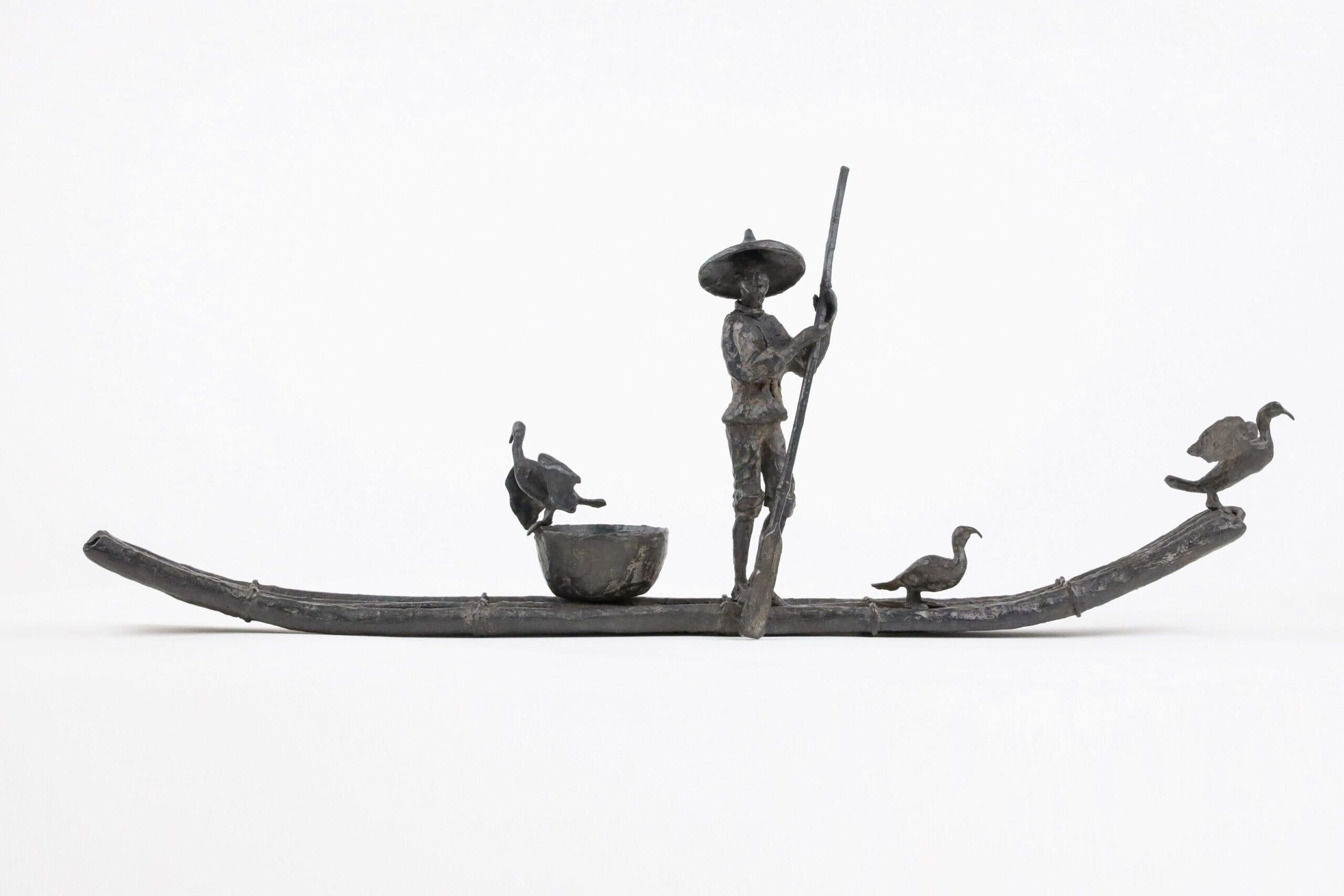 Cormorant Fishing by Marine de Soos - Bronze sculpture, human figure, boat, bird For Sale 3