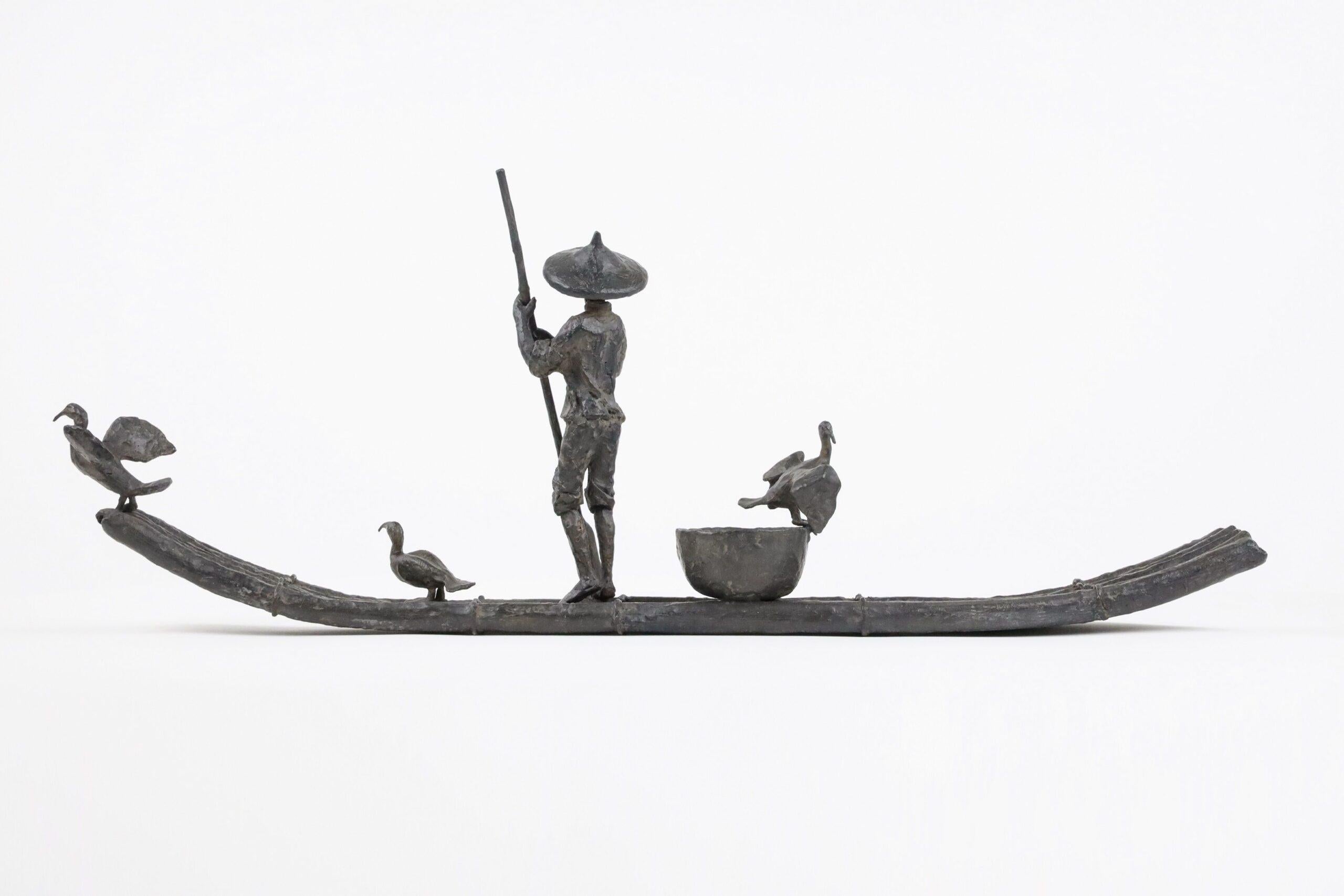 Cormorant Fishing by Marine de Soos - Bronze sculpture, human figure, boat, bird For Sale 4