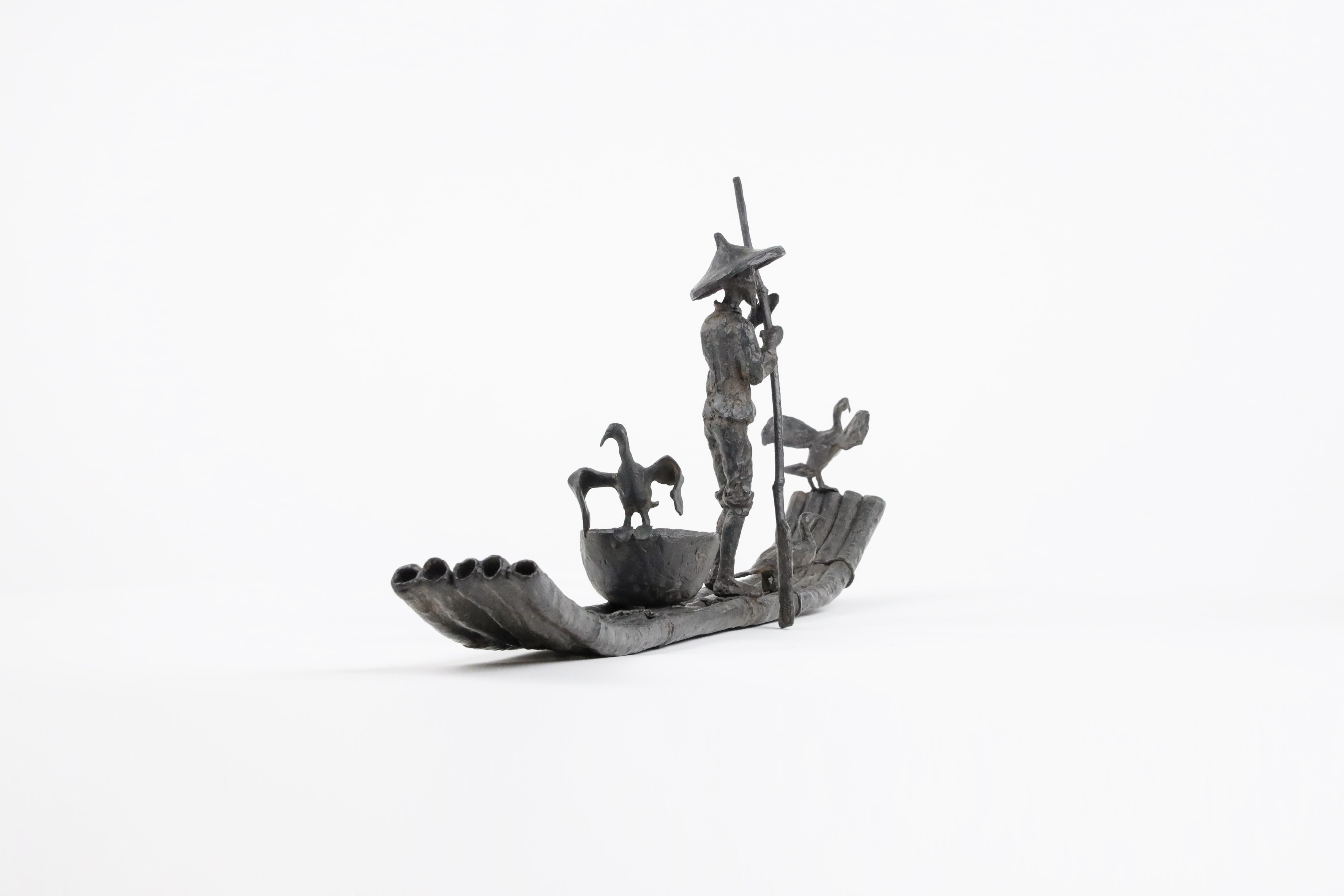 Cormorant Fishing by Marine de Soos - Bronze sculpture, human figure, boat, bird For Sale 5