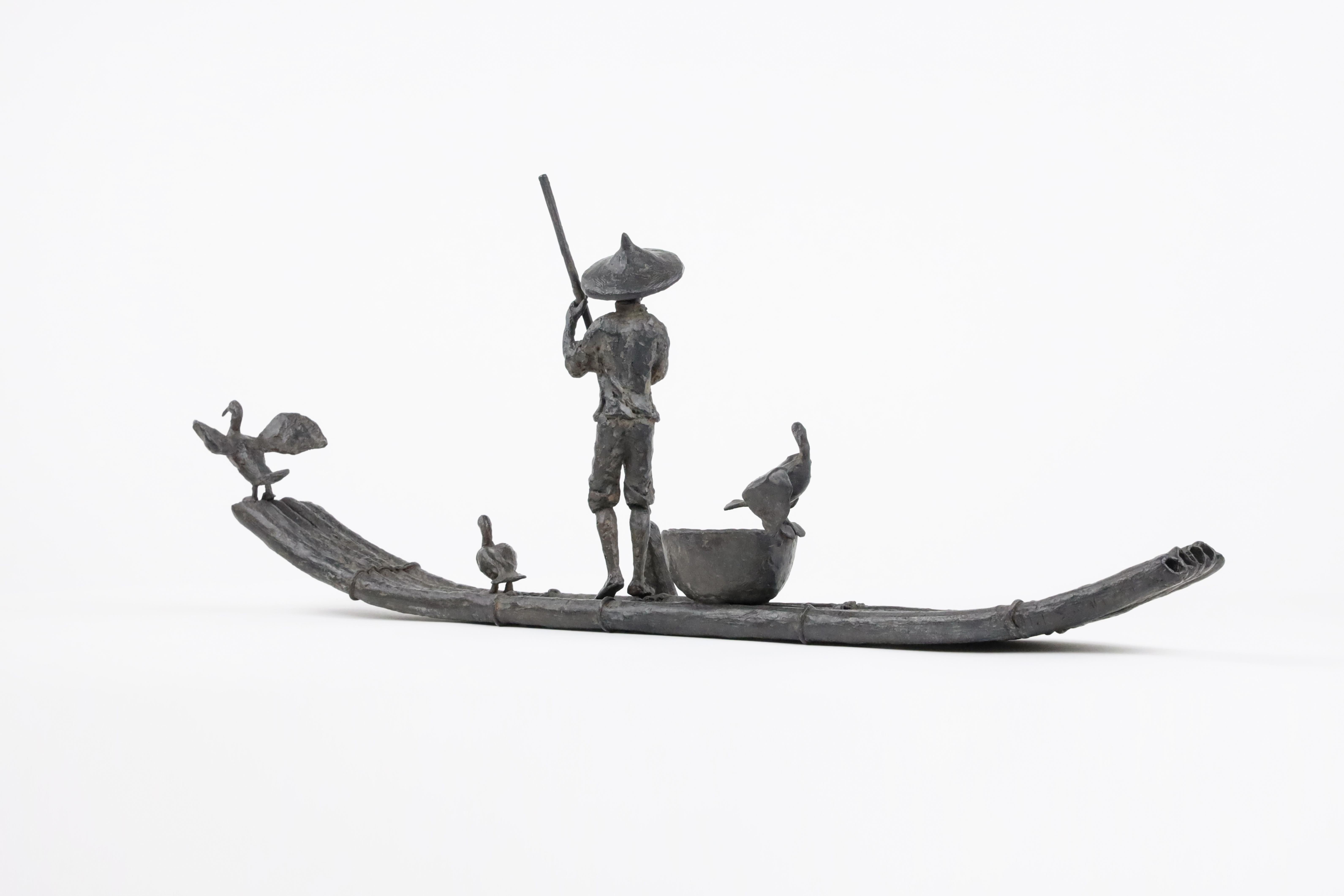 Cormorant Fishing by Marine de Soos - Bronze sculpture, human figure, boat, bird For Sale 6