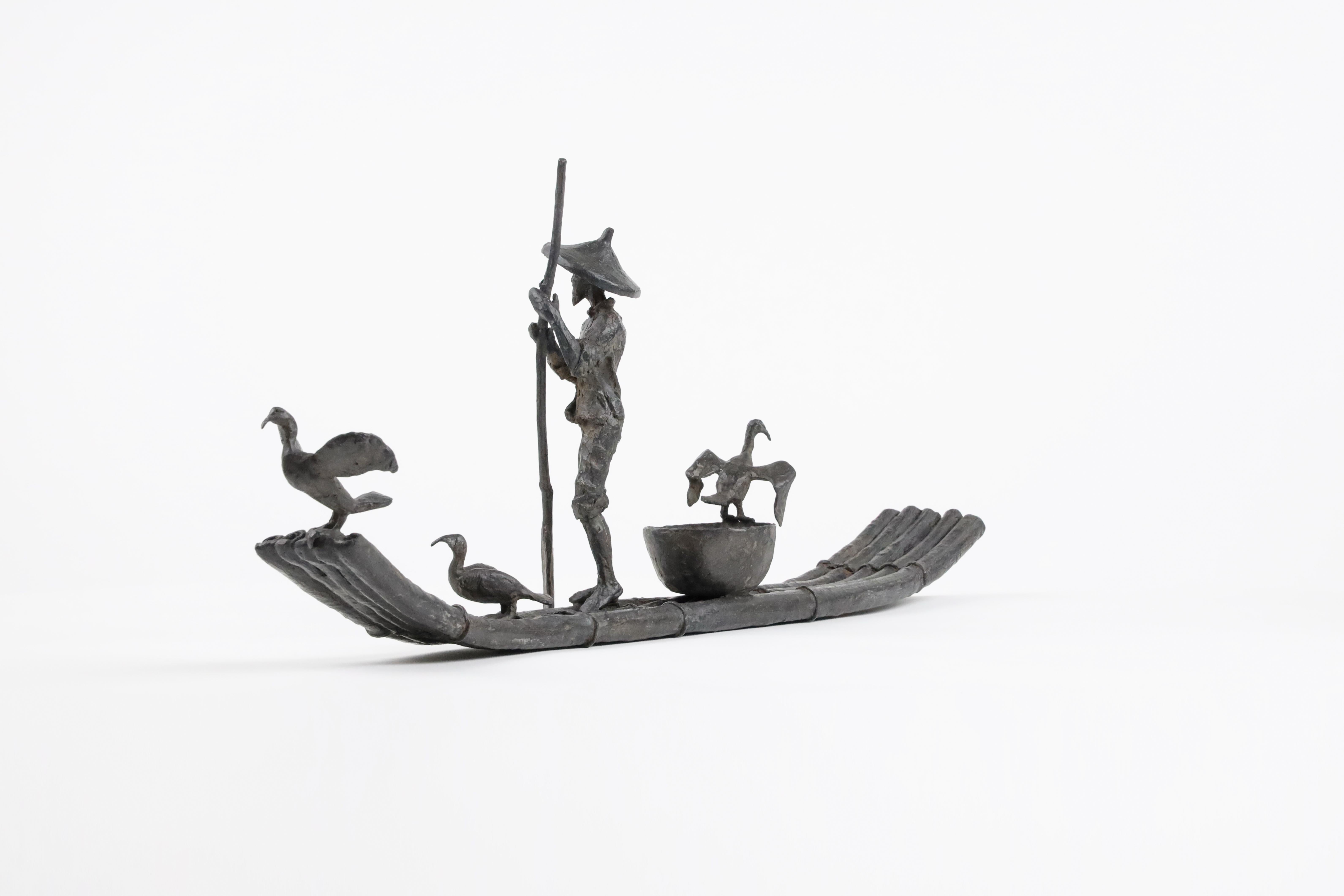 Cormorant Fishing by Marine de Soos - Bronze sculpture, human figure, boat, bird For Sale 7