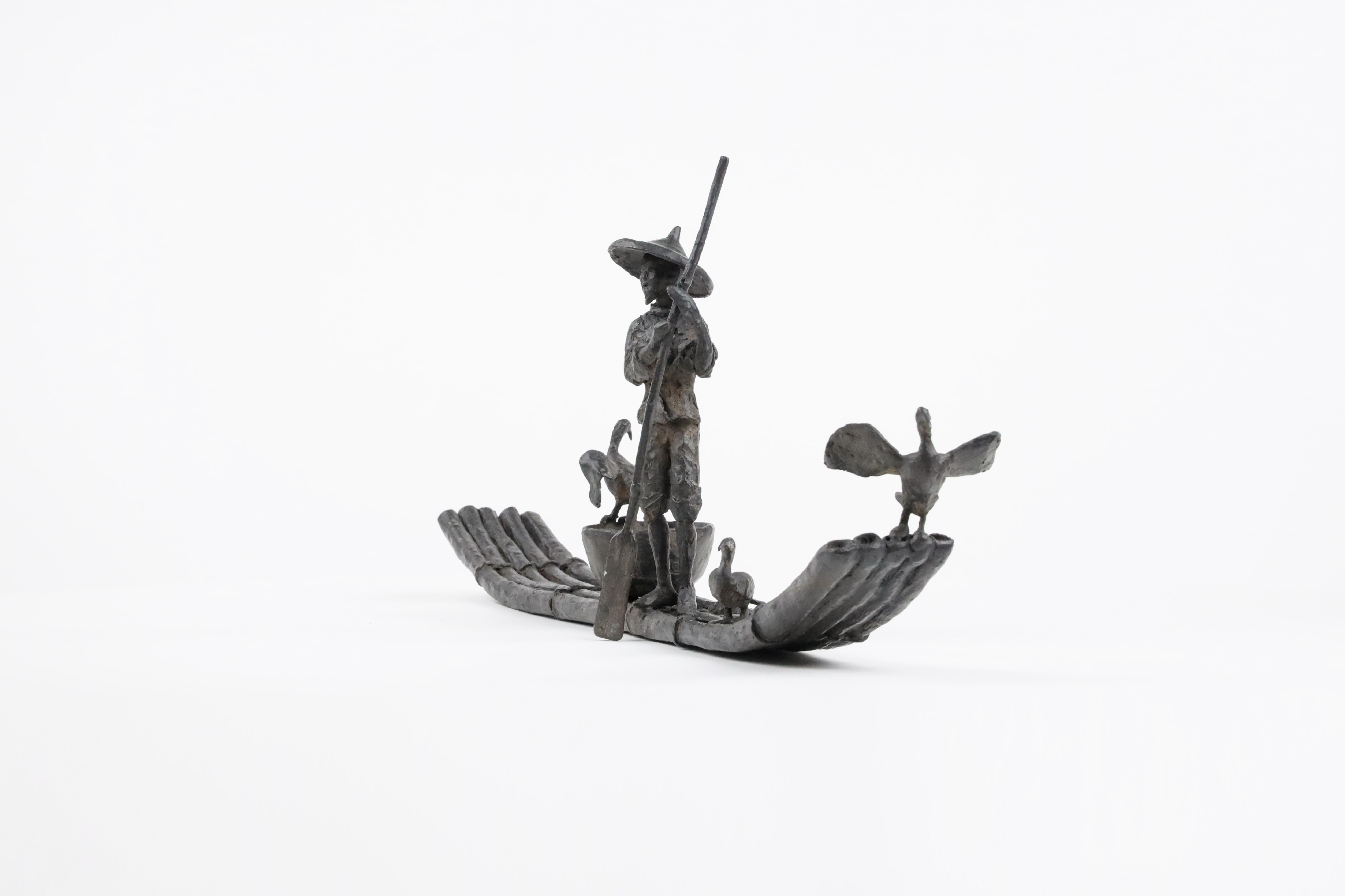 Cormorant Fishing by Marine de Soos - Bronze sculpture, human figure, boat, bird For Sale 8
