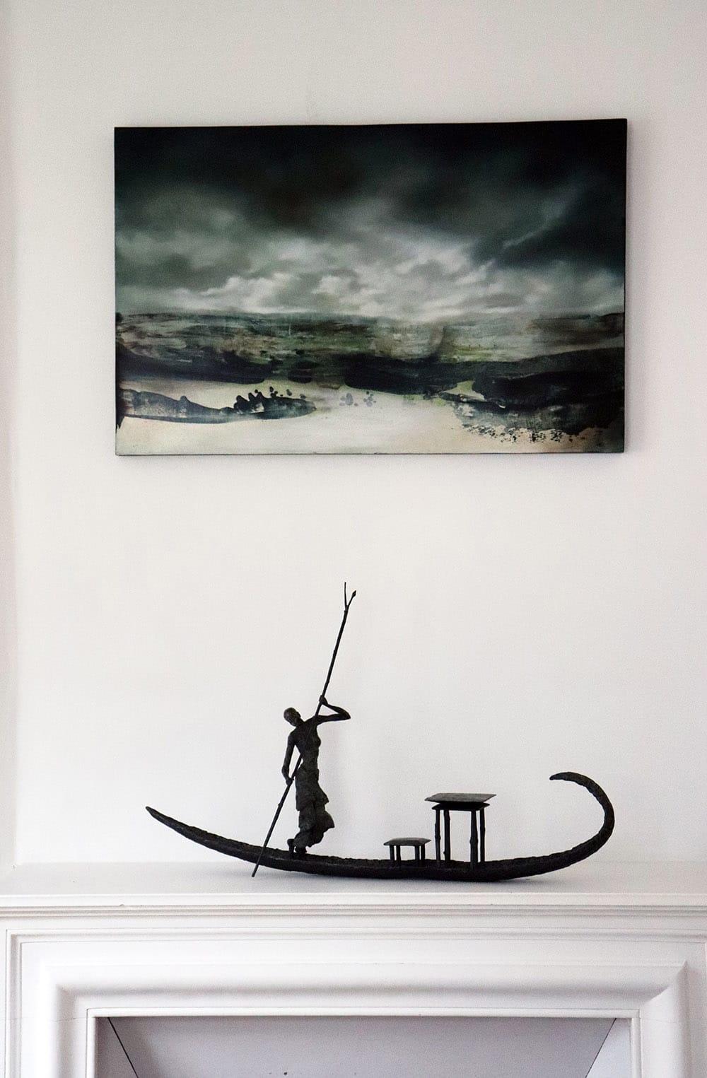 D'une Rive à l'Autre by Marine de Soos - Bronze sculpture, woman on a canoe For Sale 1