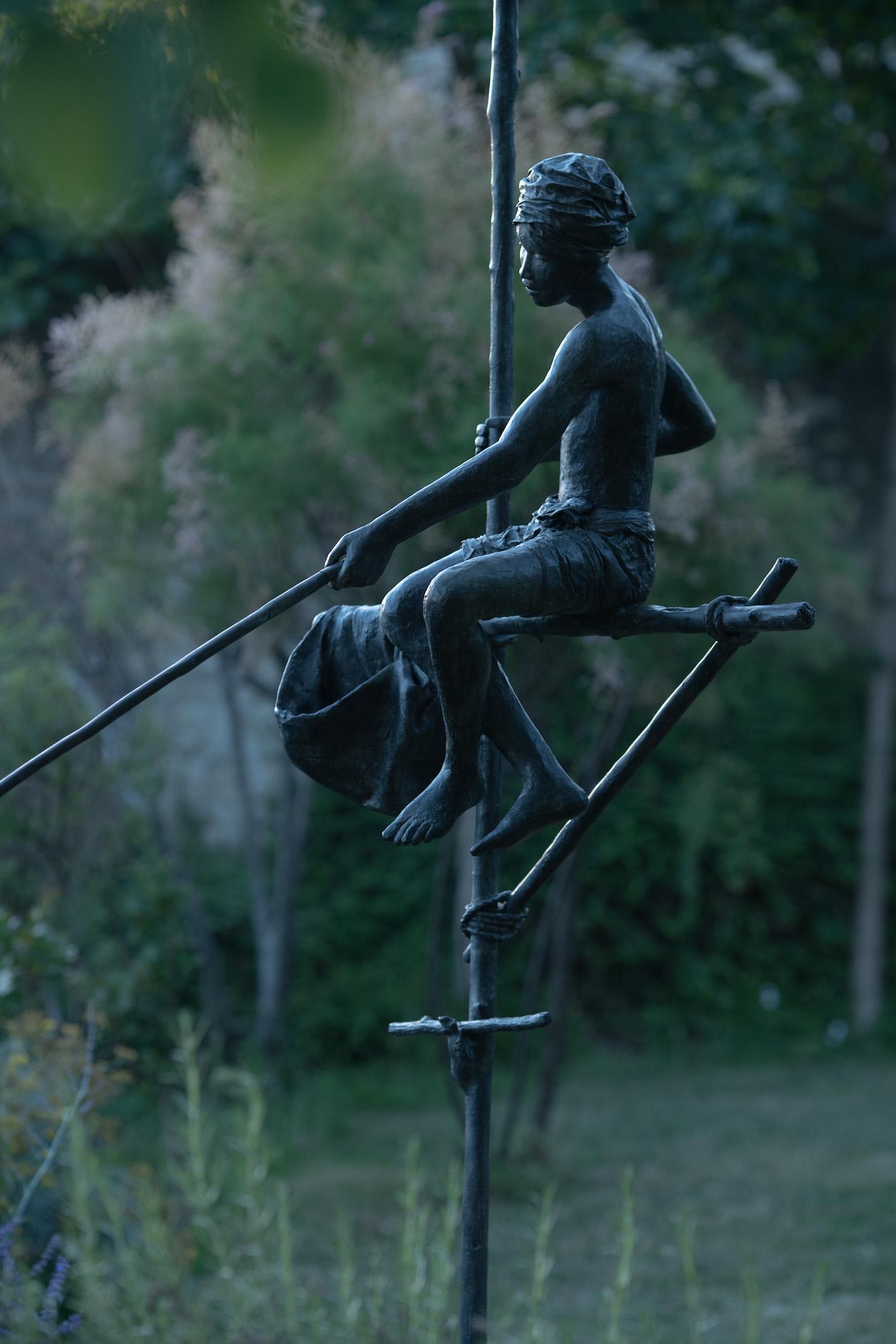 Fisherman on Stilt, Large Outdoor Bronze Sculpture - Gold Figurative Sculpture by Marine de Soos